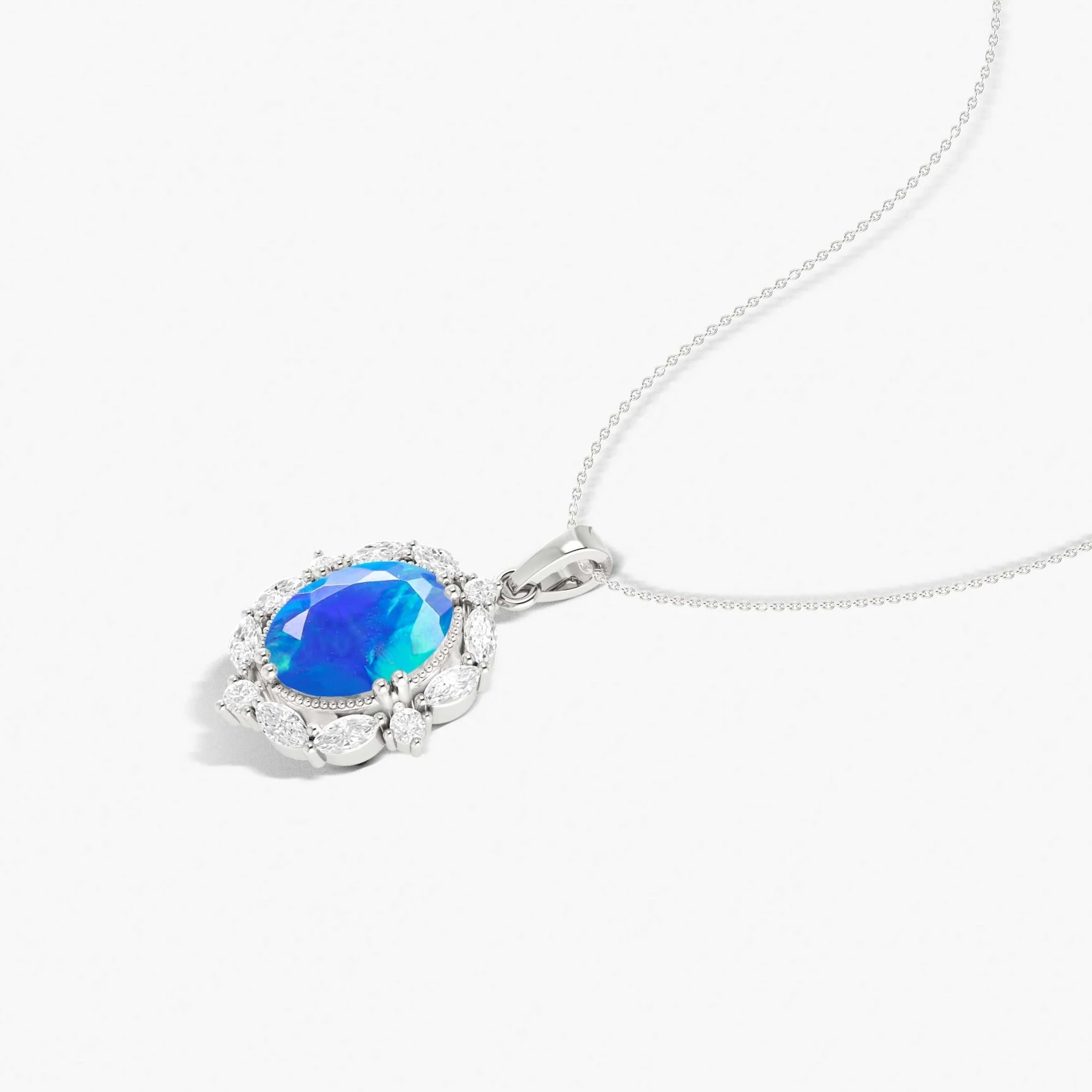 Halo Pendant Chain Necklace with Natural Blue Opal Gemstone - Image 4
