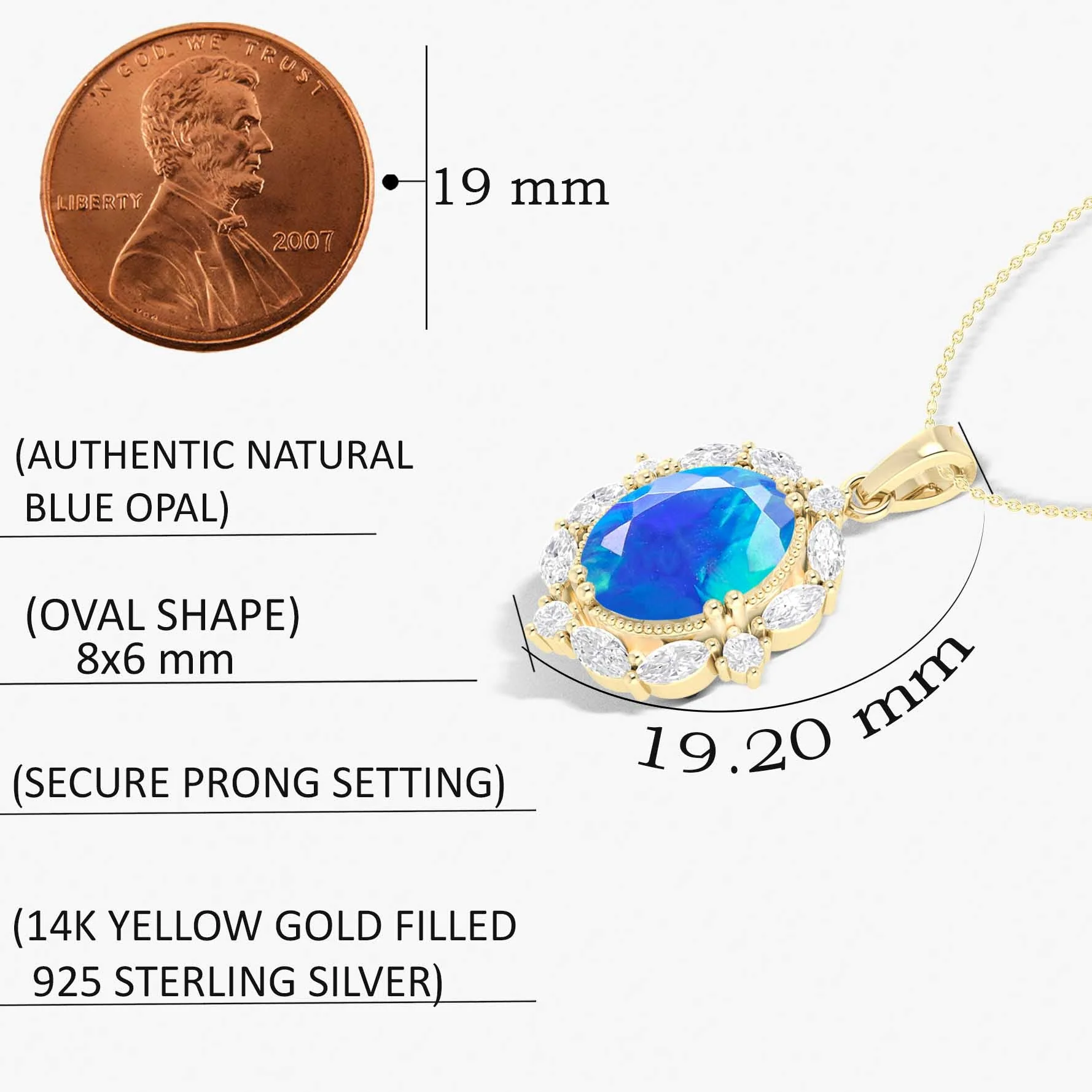 Halo Pendant Chain Necklace with Natural Blue Opal Gemstone - Image 5