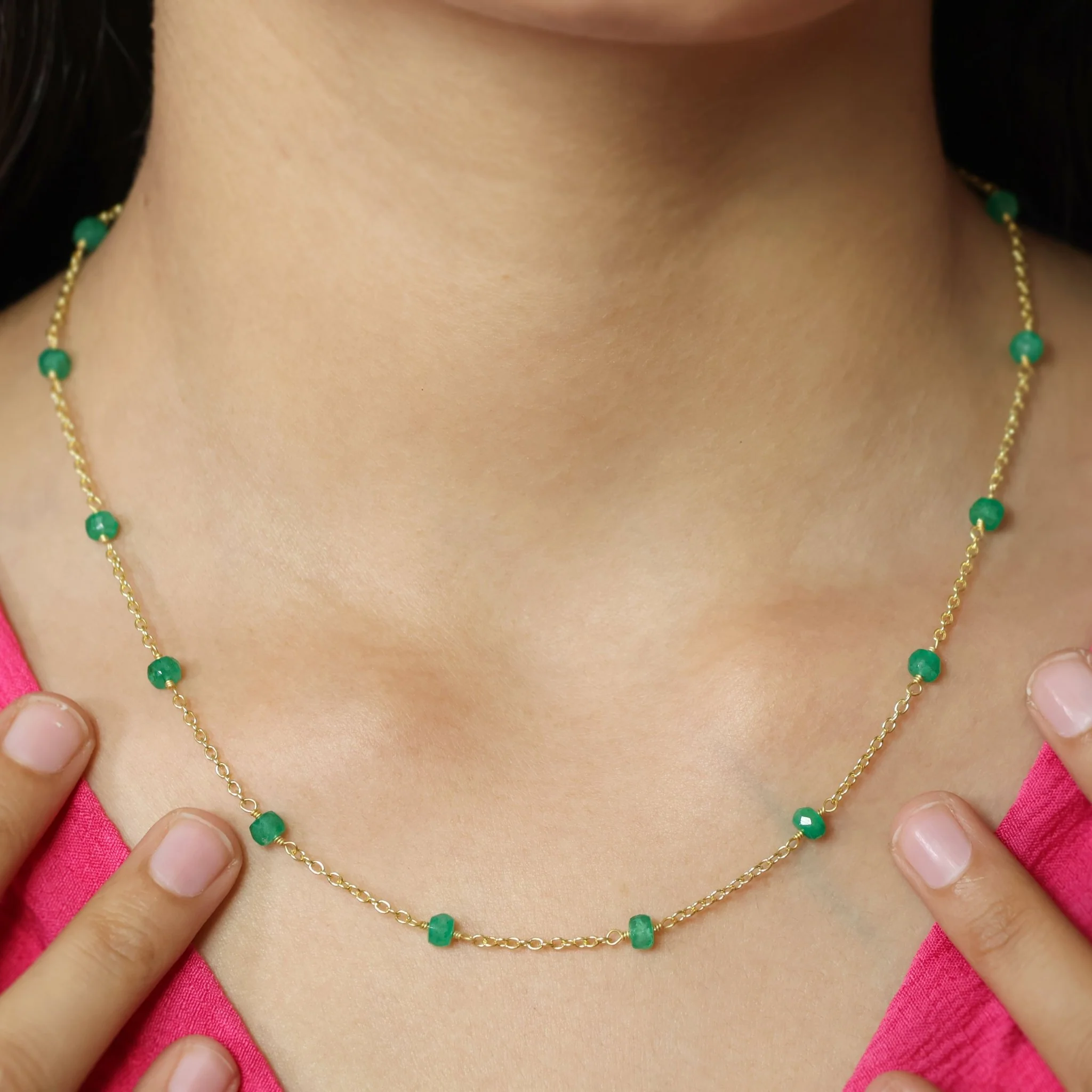 Handmade Emerald Smooth Beaded Chain Necklace - Image 3