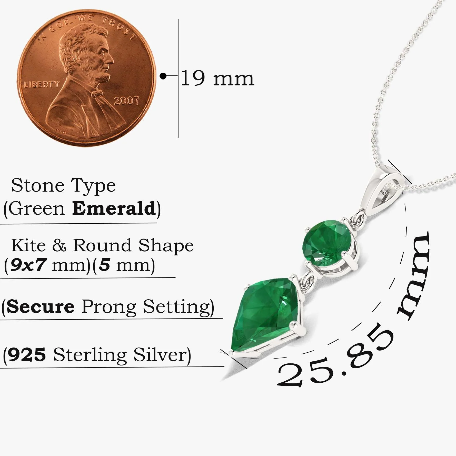 Kite and Round Lab Grown Emerald pendant necklace - Image 5