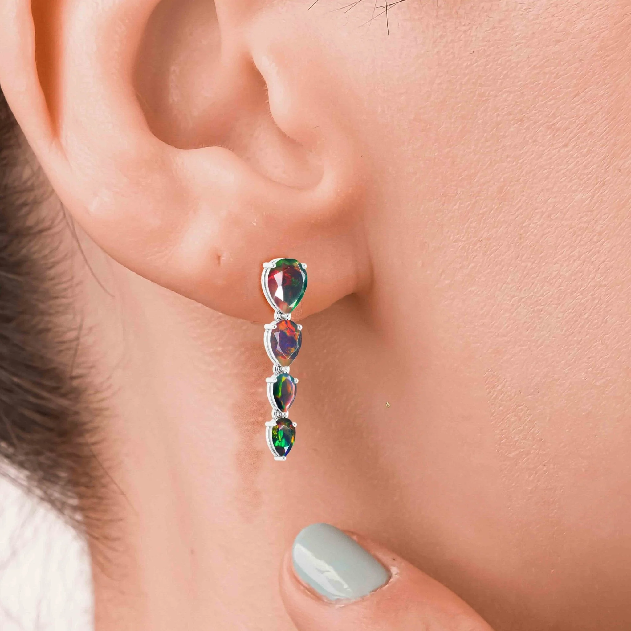 Black Multifire Opal Pear Drop Earrings - Image 5