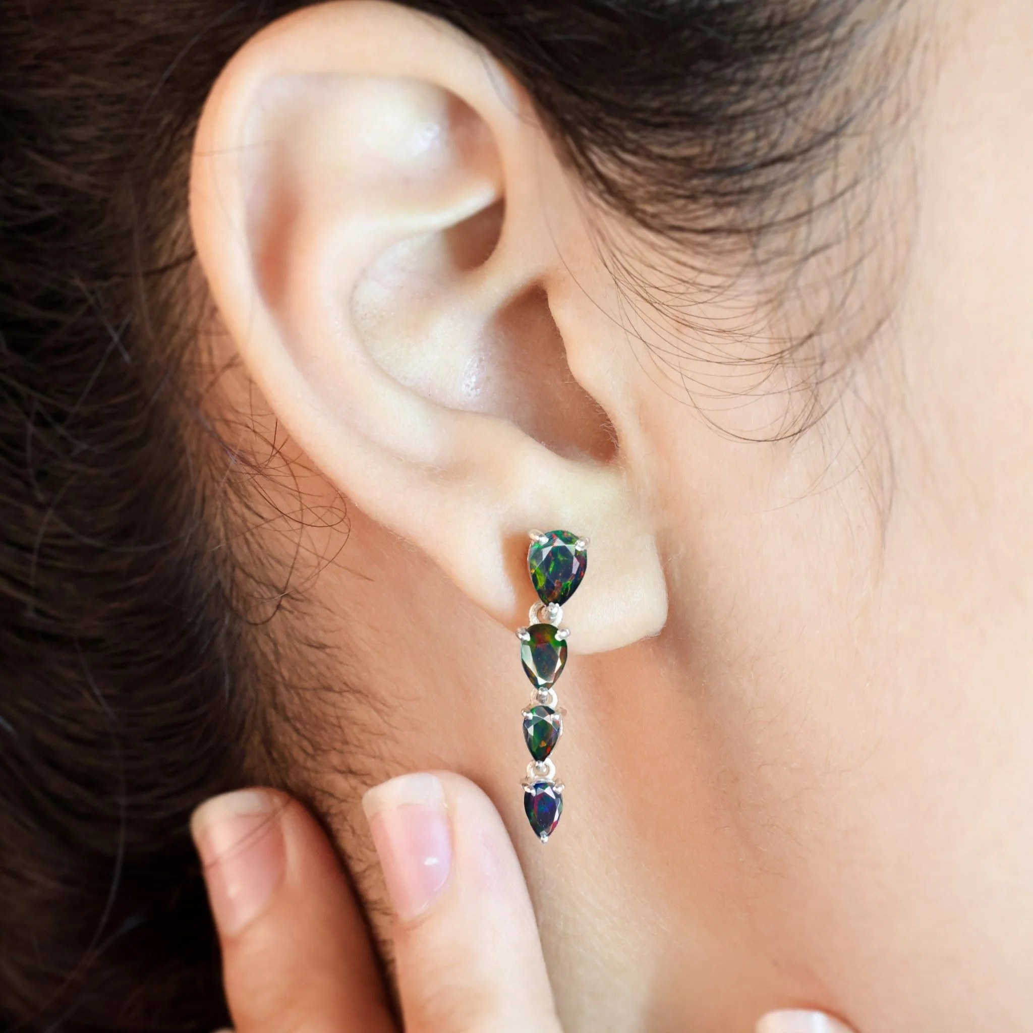 Black Multifire Opal Pear Drop Earrings - Image 7