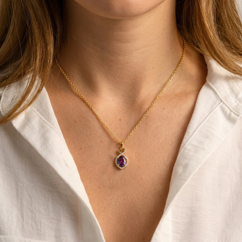 Amethyst Oval Infinity Twist Heart Pendant Necklace in 925 Sterling Silver 1.2ct - Image 10
