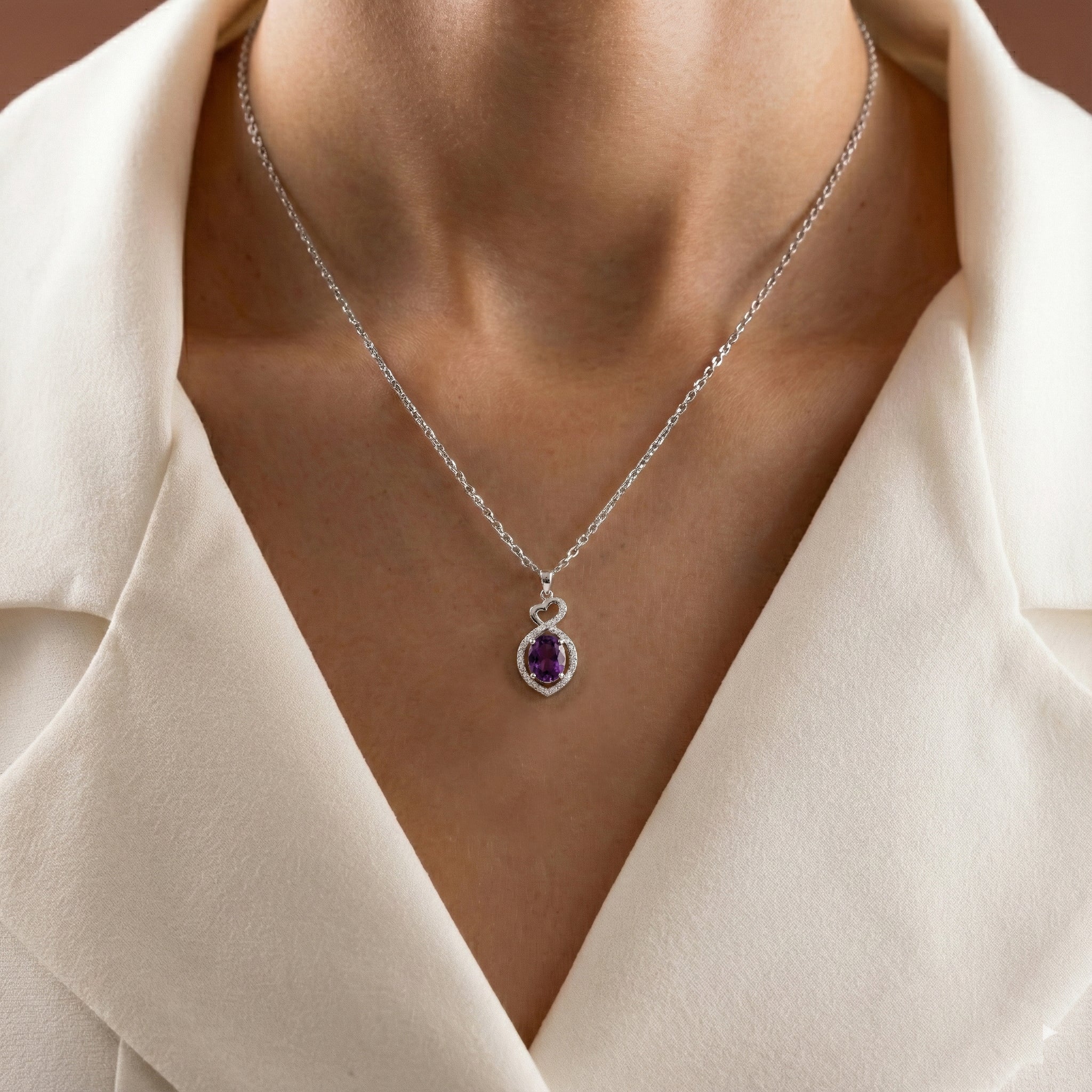 Amethyst Oval Infinity Twist Heart Pendant Necklace in 925 Sterling Silver 1.2ct - Image 5