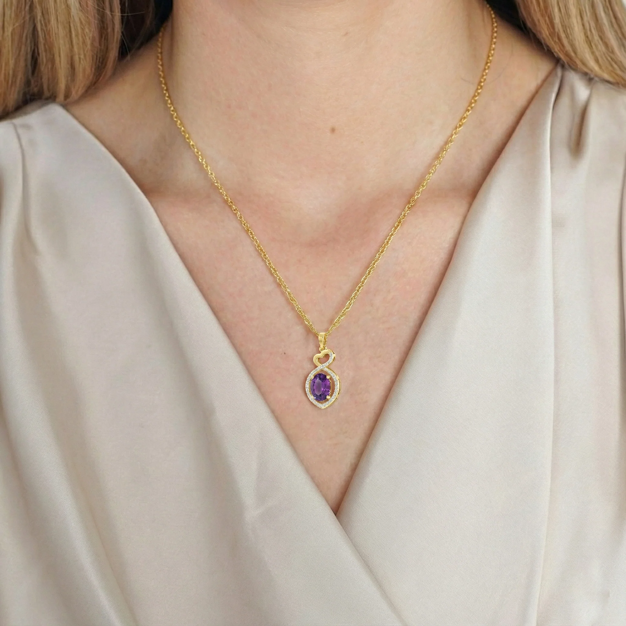 Amethyst Oval Infinity Twist Heart Pendant Necklace in 925 Sterling Silver 1.2ct - Image 8