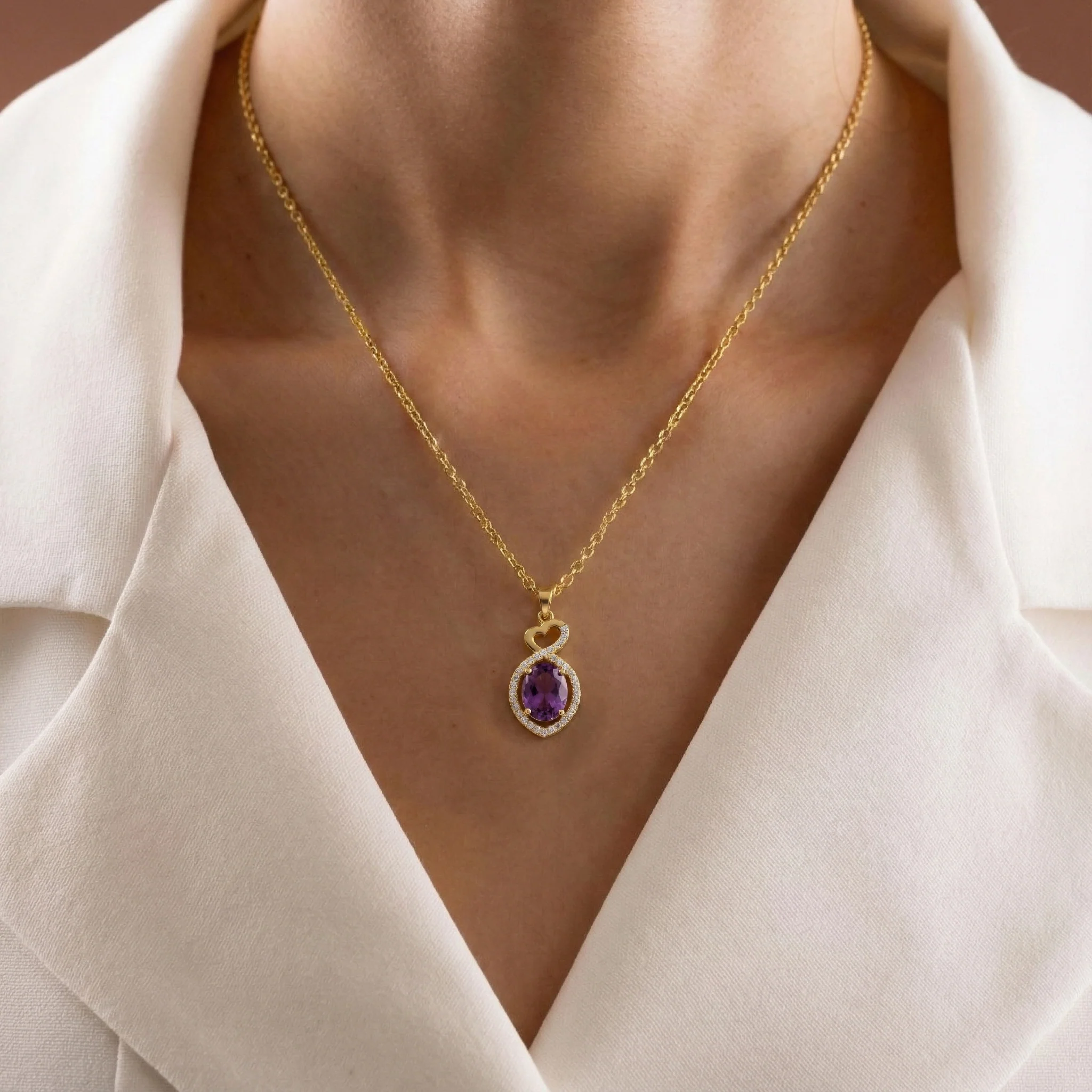 Amethyst Oval Infinity Twist Heart Pendant Necklace in 925 Sterling Silver 1.2ct - Image 9