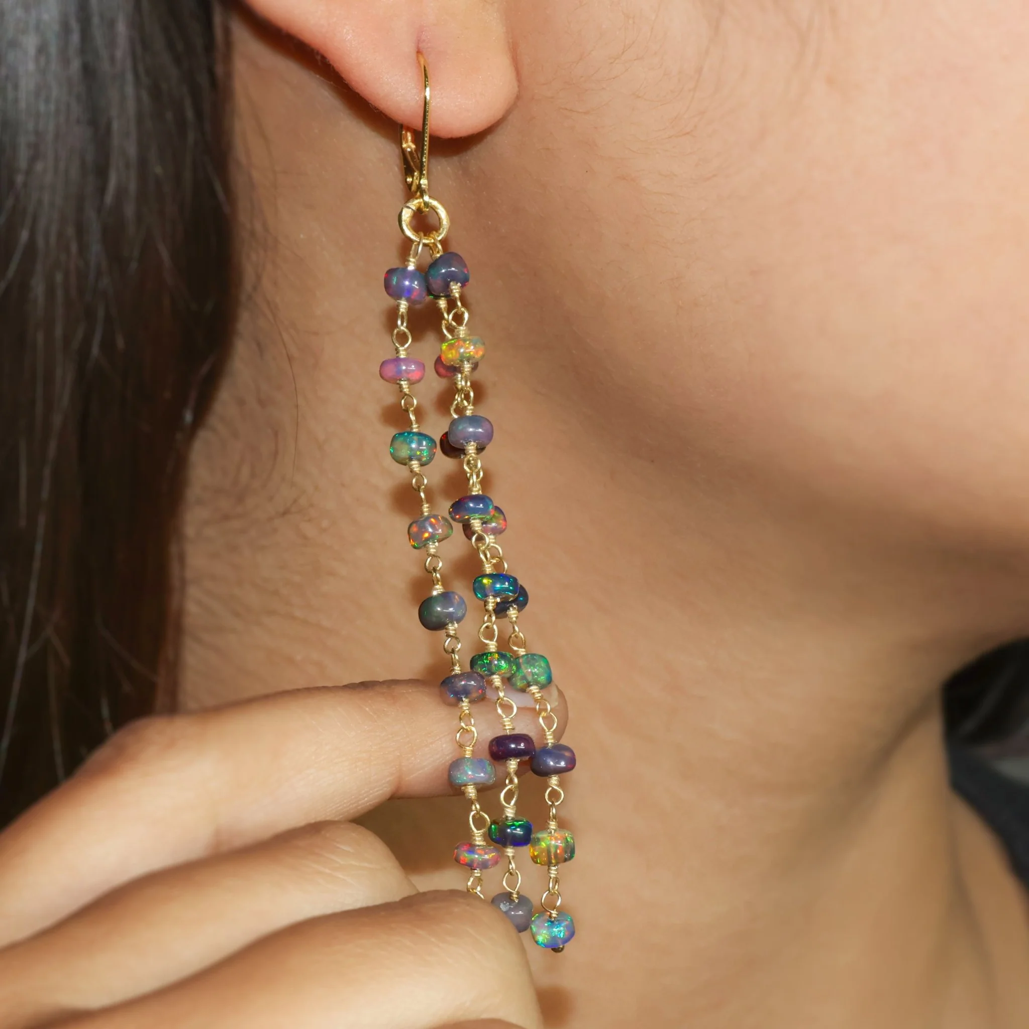 Natural Black Opal 3 Line Dangle Drop Handmade Earrings - Image 3