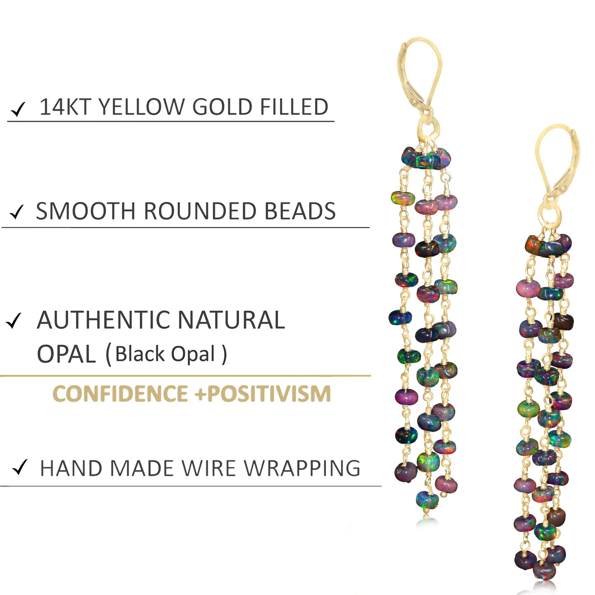 Natural Black Opal 3 Line Dangle Drop Handmade Earrings - Image 4