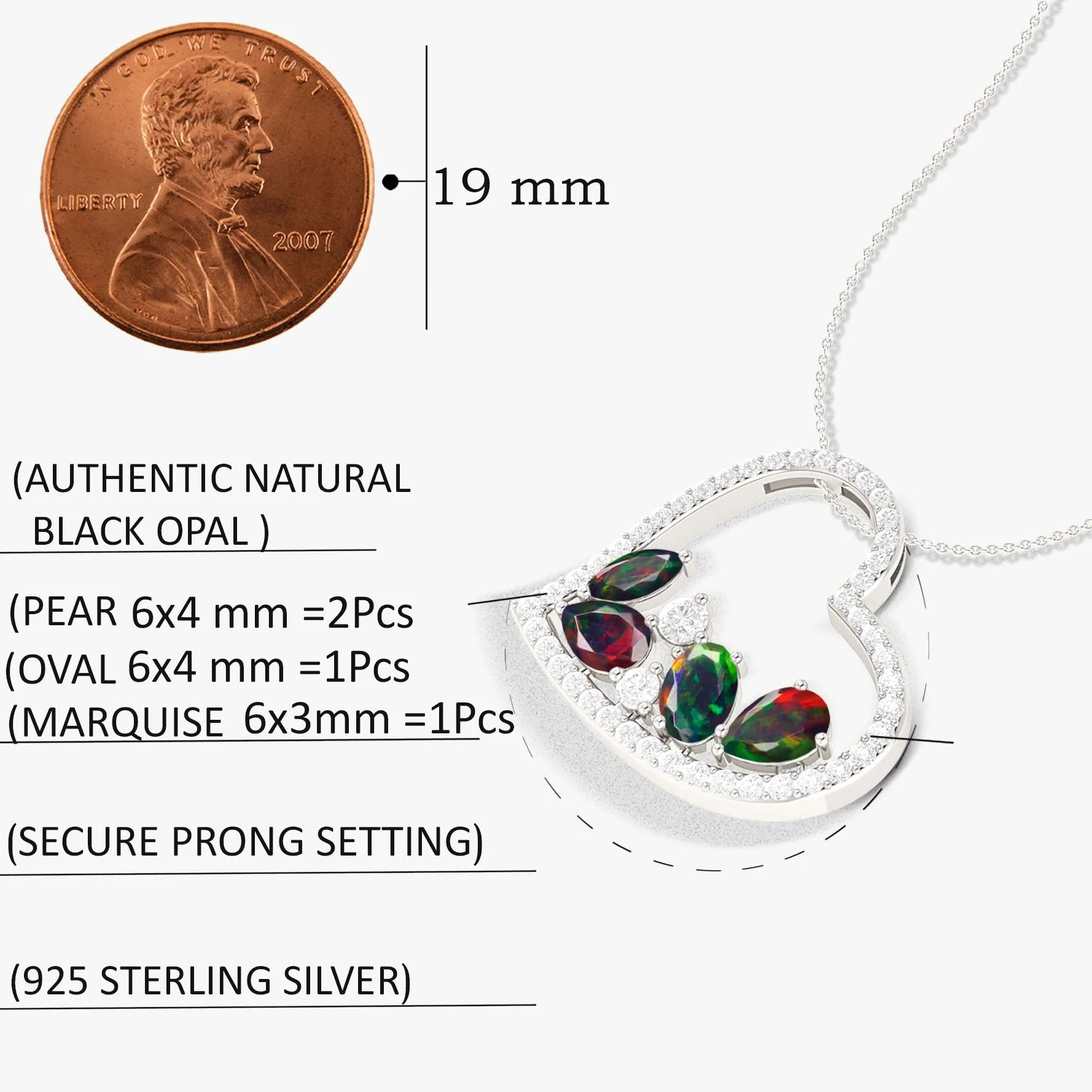 Natural Black Opal 4 Stone Heart Chain Pendant Necklace - Image 5