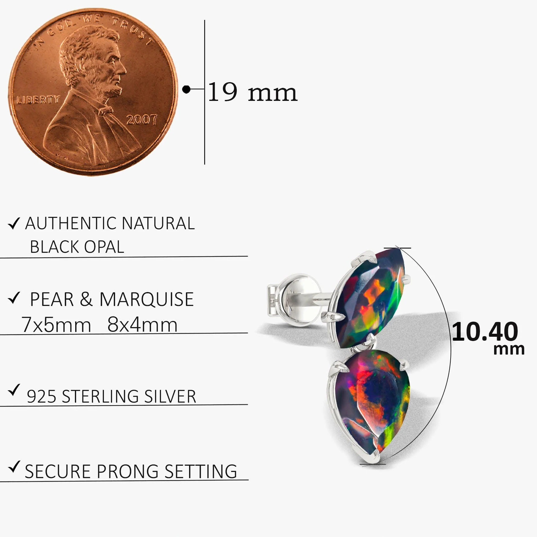 Natural Black Opal Marquise & Pear Two Stone Stud Earrings - Image 5