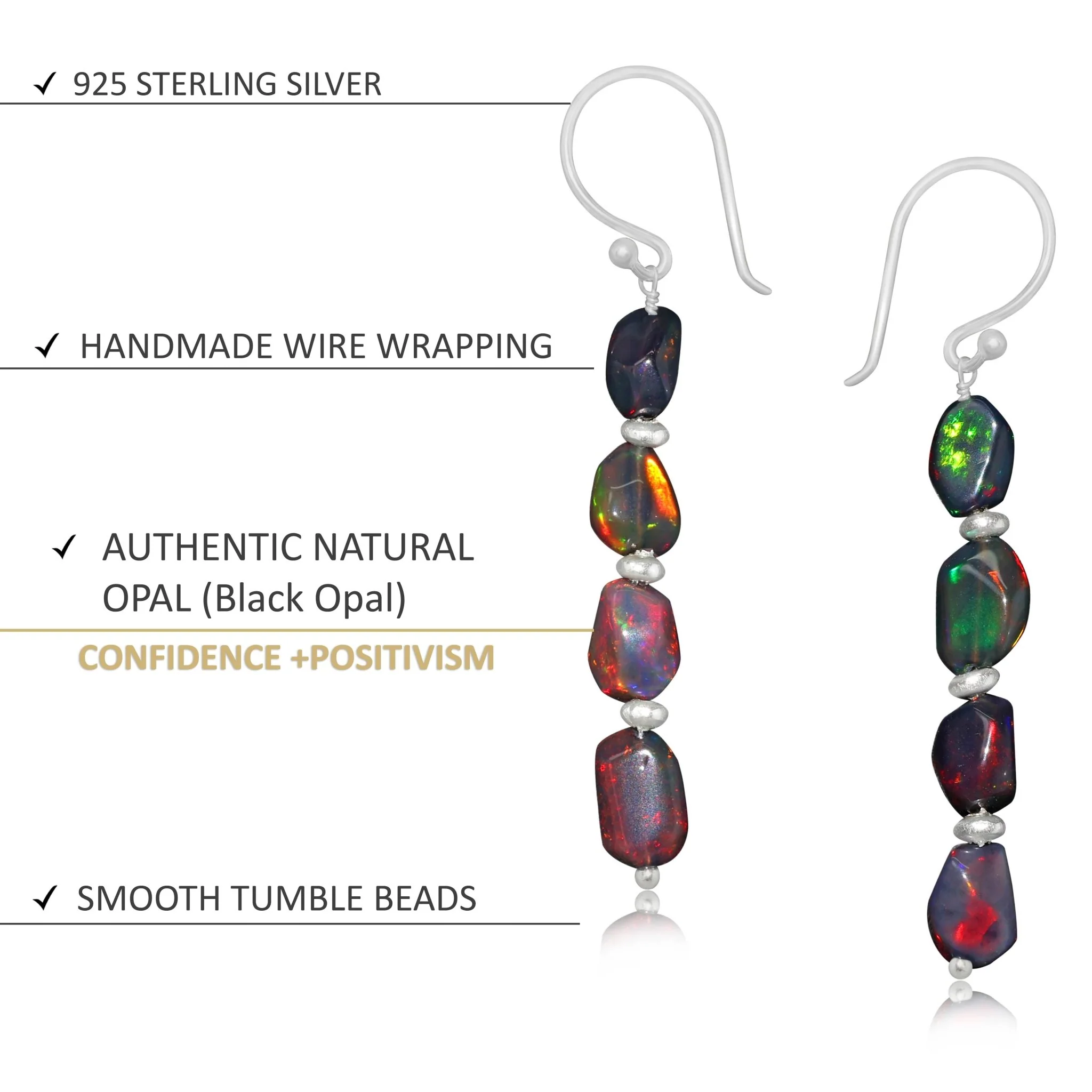 Natural Black Opal Tumble Bead Linear Dangle Earrings - Image 3