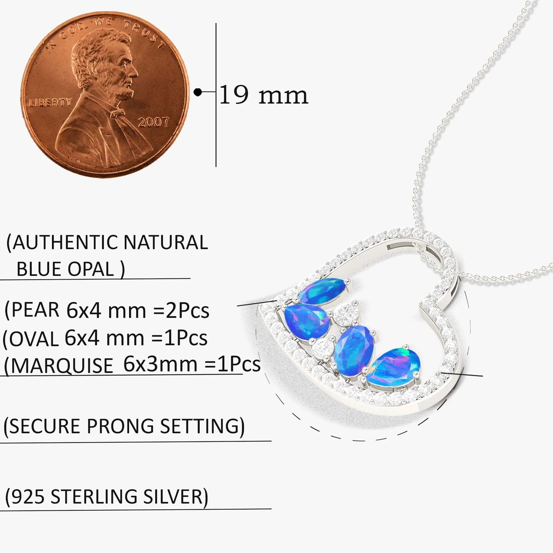 Natural Blue Opal 4 Stone Heart Chain Pendant Necklace - Image 5