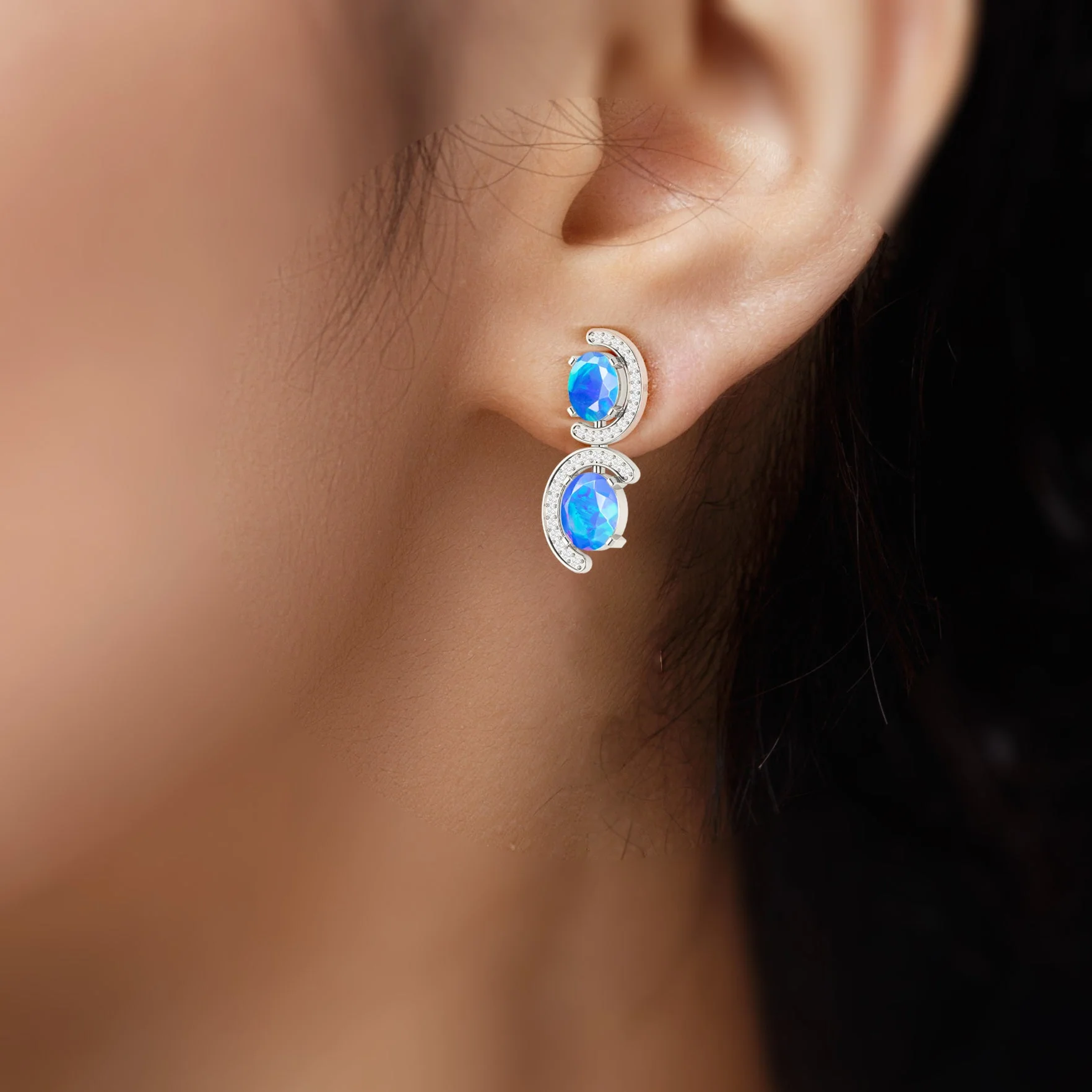 Natural Blue Opal 'C' Shape Stud Earrings - Image 3
