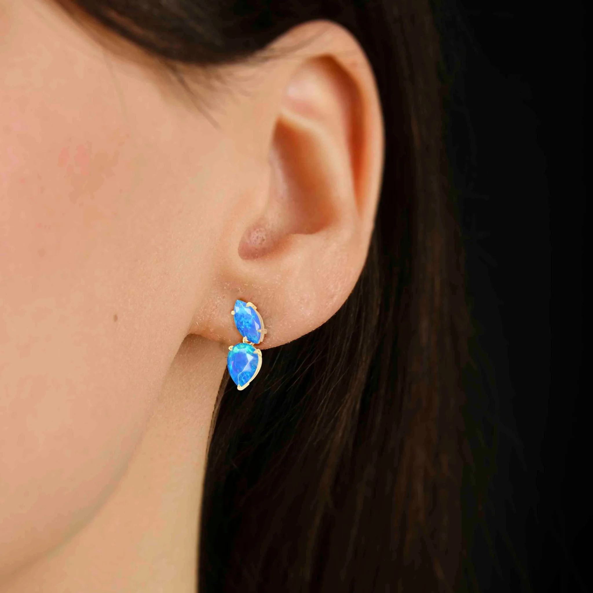 Natural Blue Opal Marquise & Pear Two Stone Stud Earrings - Image 3