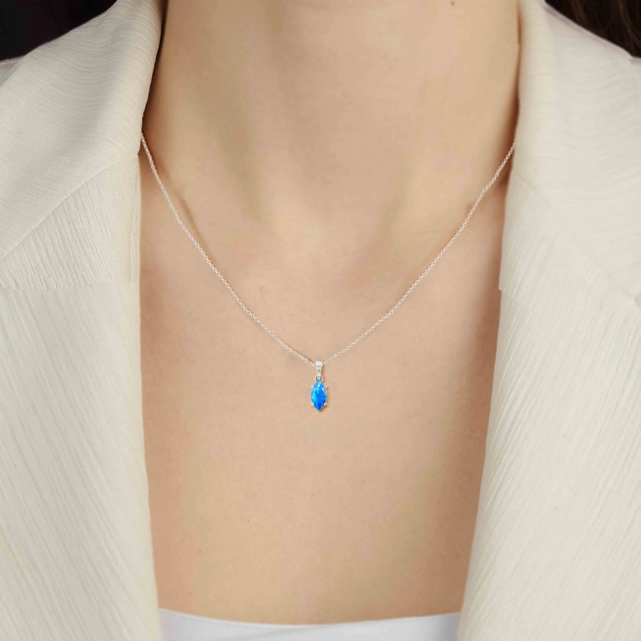 Natural Blue Opal Solitaire Chain Pendant Necklace - Image 3
