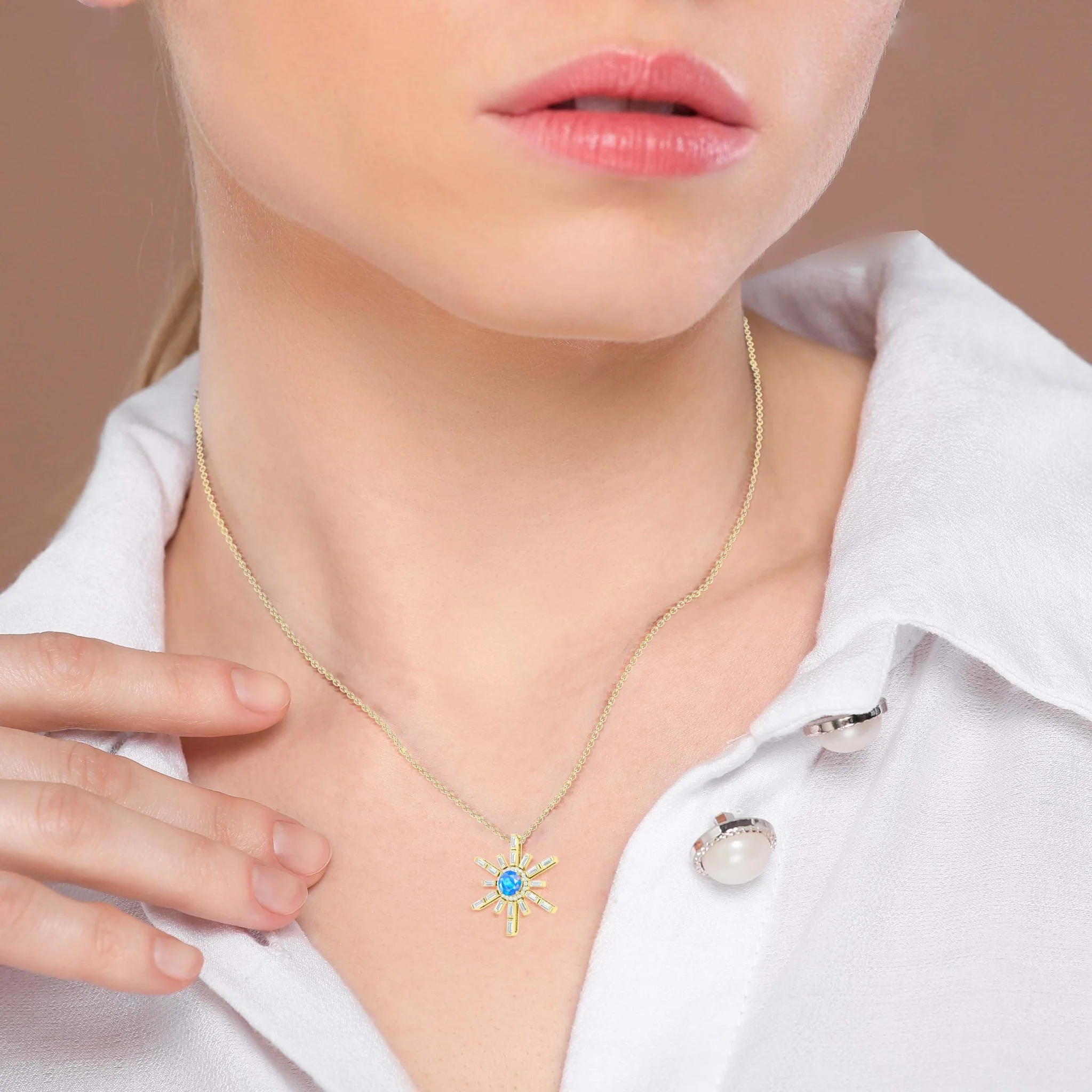 Natural Blue Opal Sun Charm Halo Pendant Necklace - Image 3