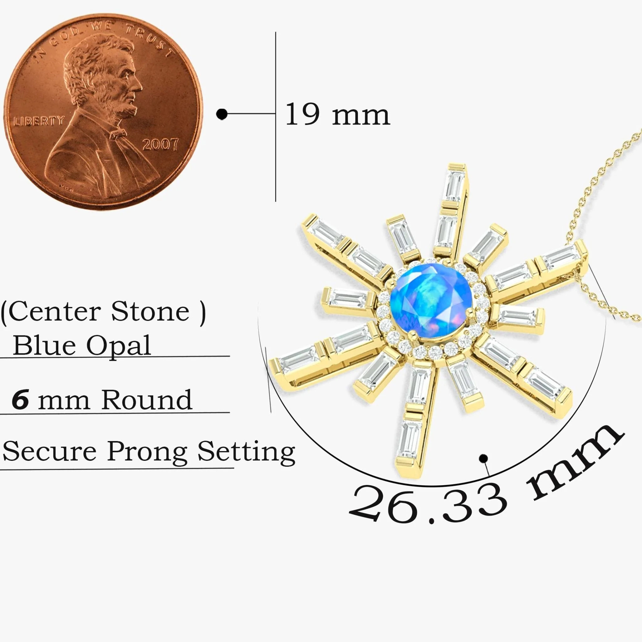 Natural Blue Opal Sun Charm Halo Pendant Necklace - Image 5