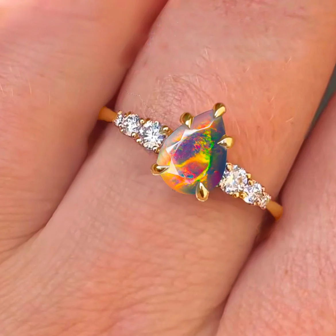 Natural Black Opal Faceted Pear Ring - Image 3