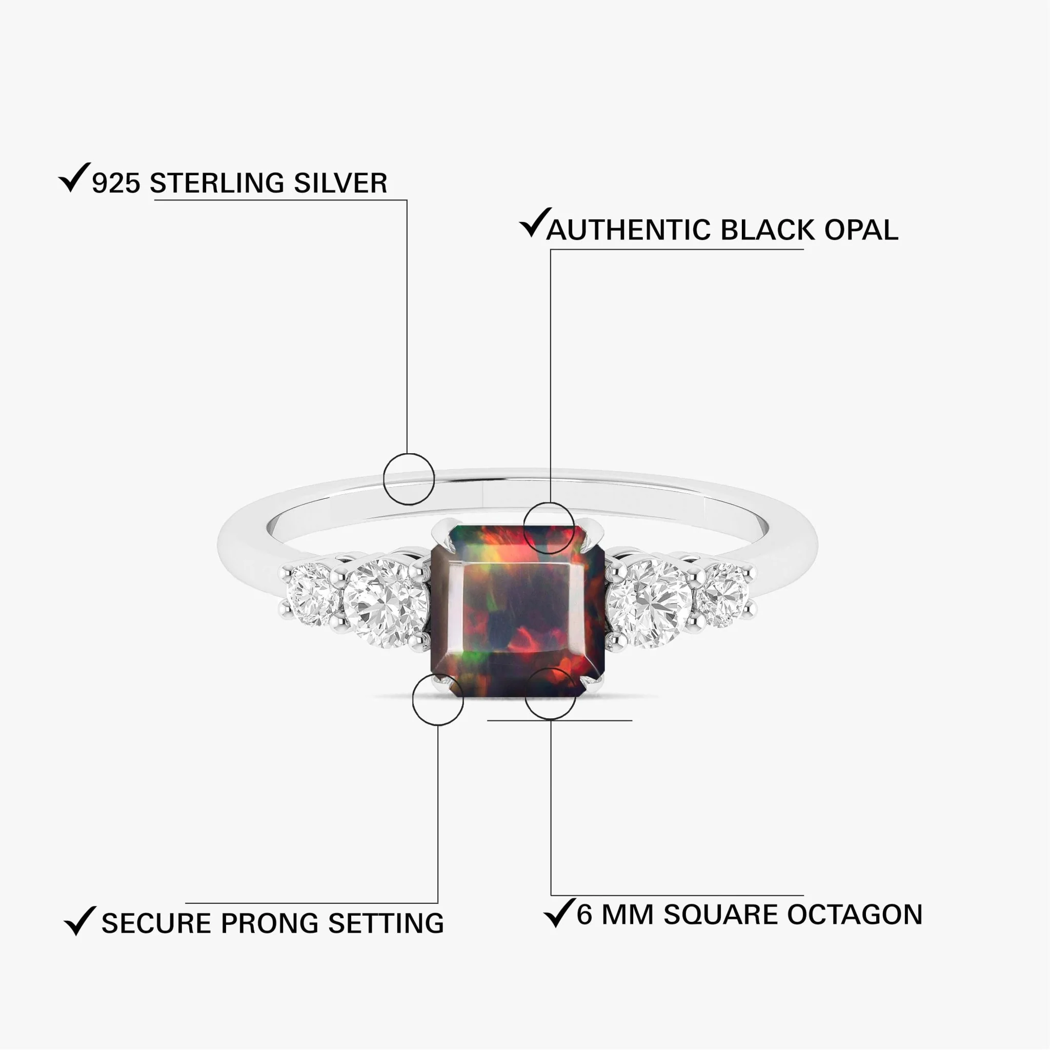 Black Natural Fire Faceted Octagon Opal Ring - Image 4