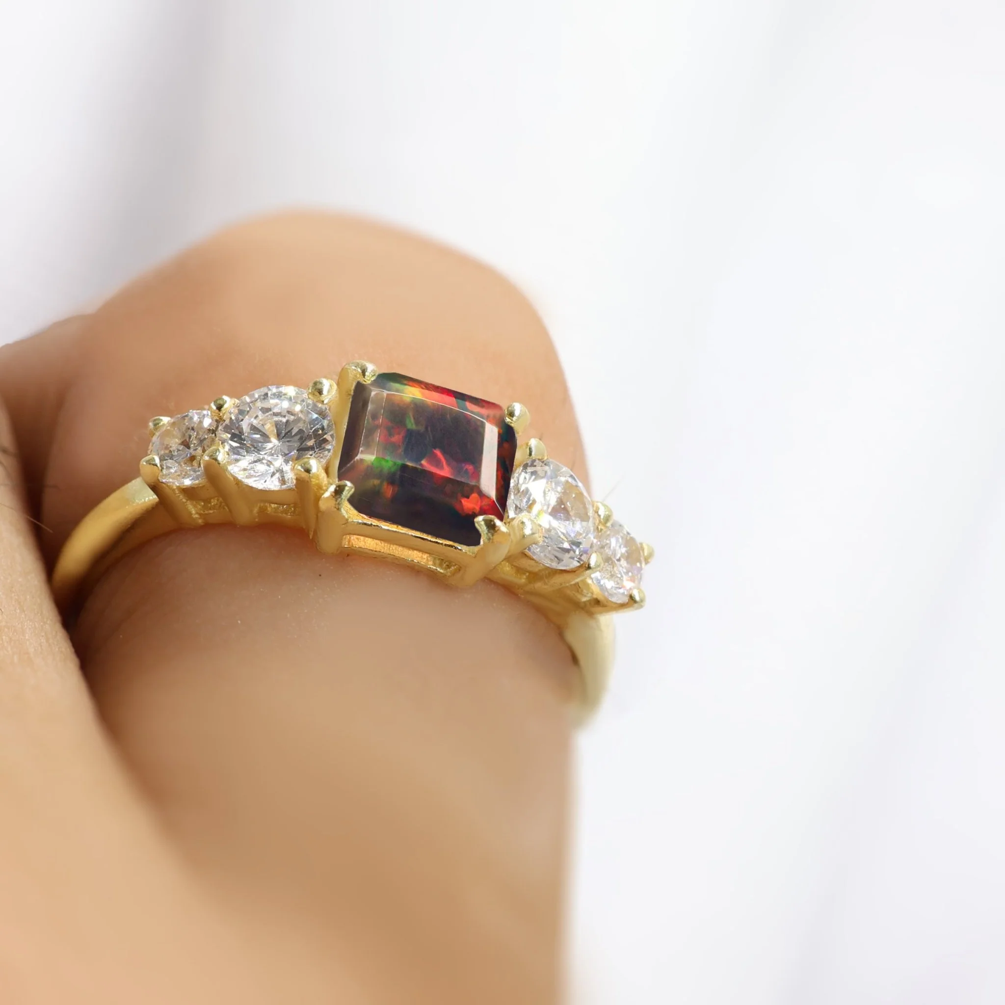 Black Natural Fire Faceted Octagon Opal Ring - Image 5
