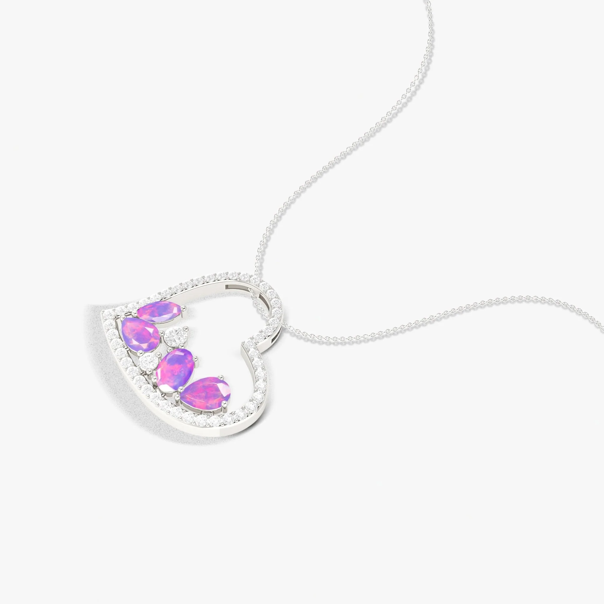 Natural Lavender Opal 4 Stone Heart Chain Pendant Necklace - Image 4