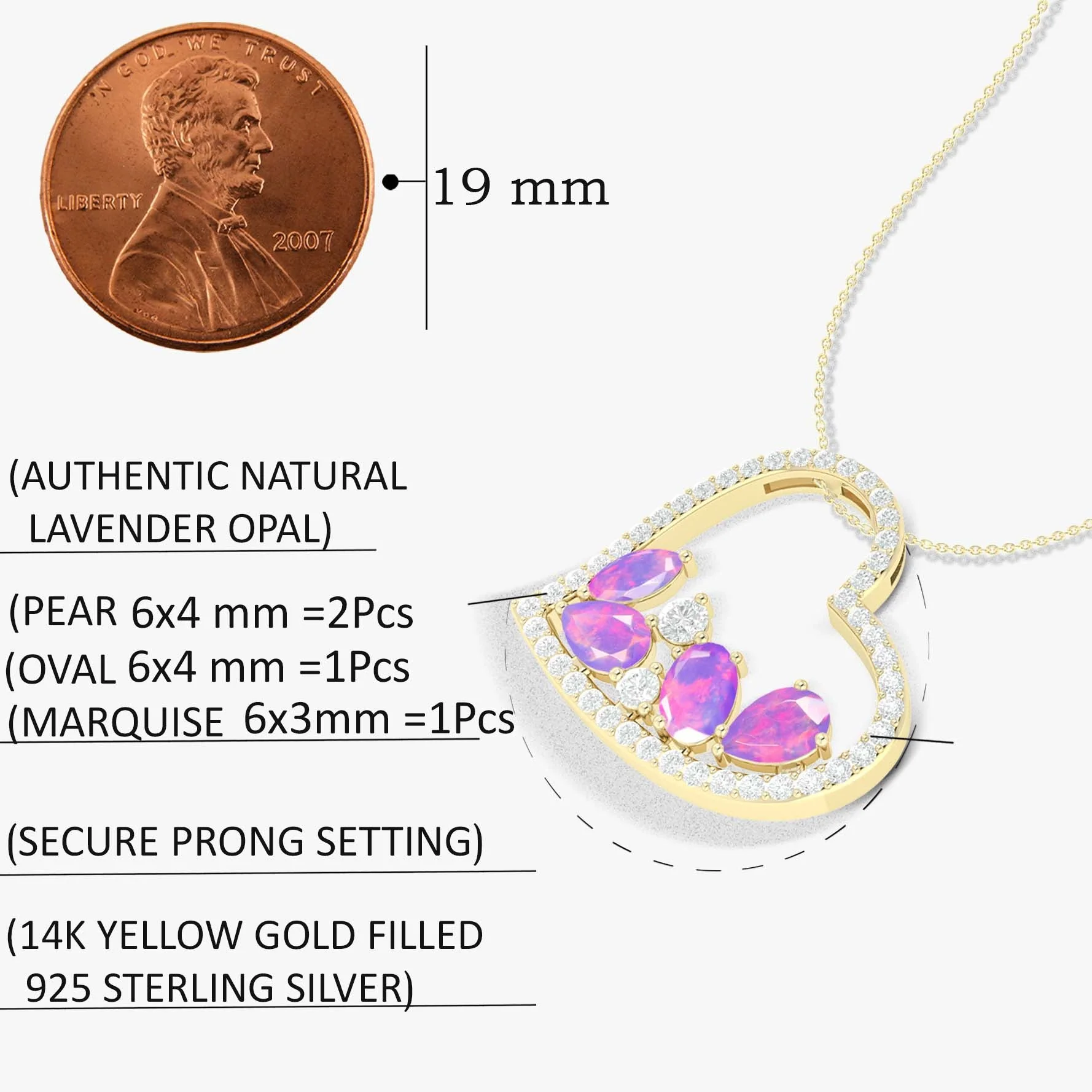 Natural Lavender Opal 4 Stone Heart Chain Pendant Necklace - Image 5