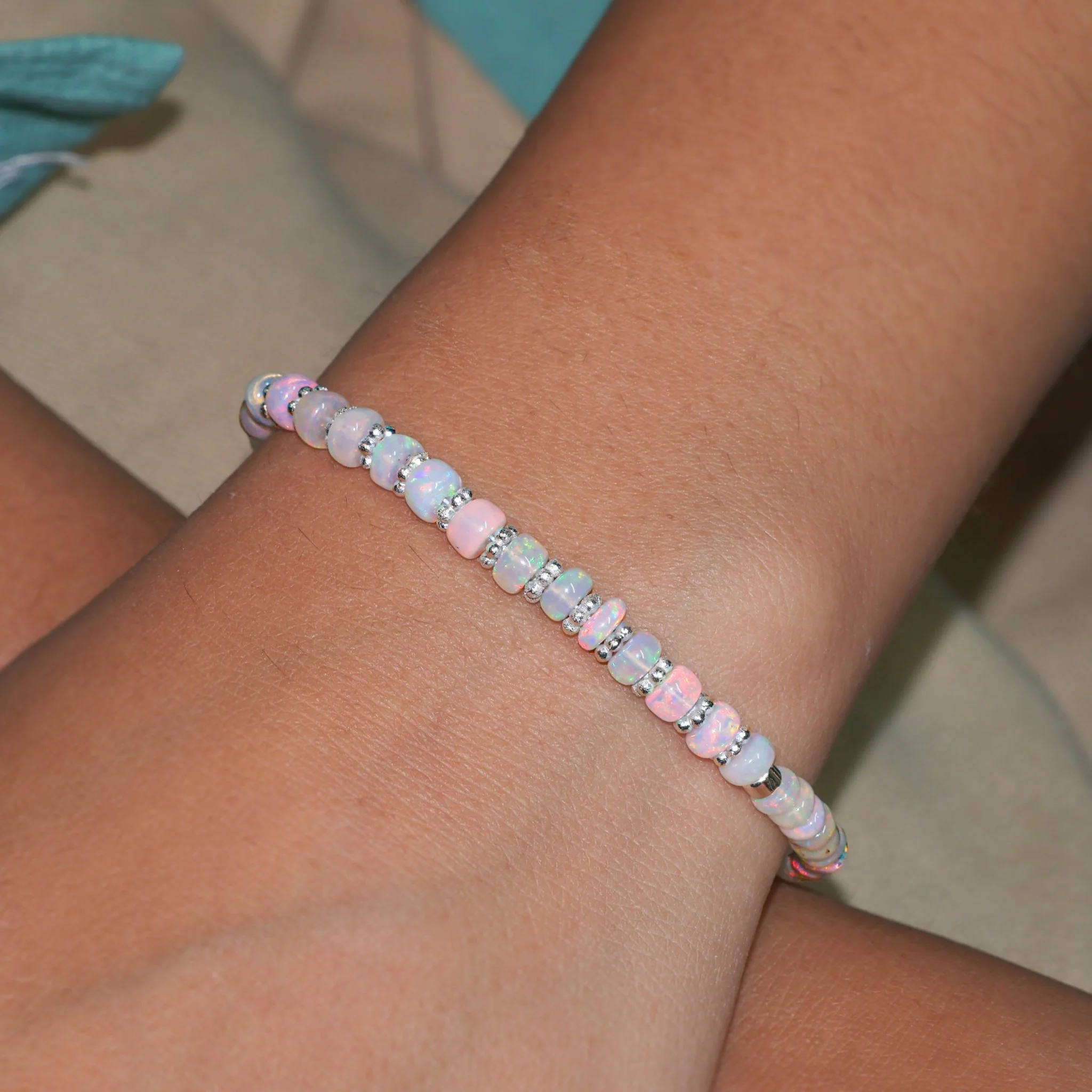 Natural Opal Beaded Bracelet With Circular Silver Chakri Beads - Image 3