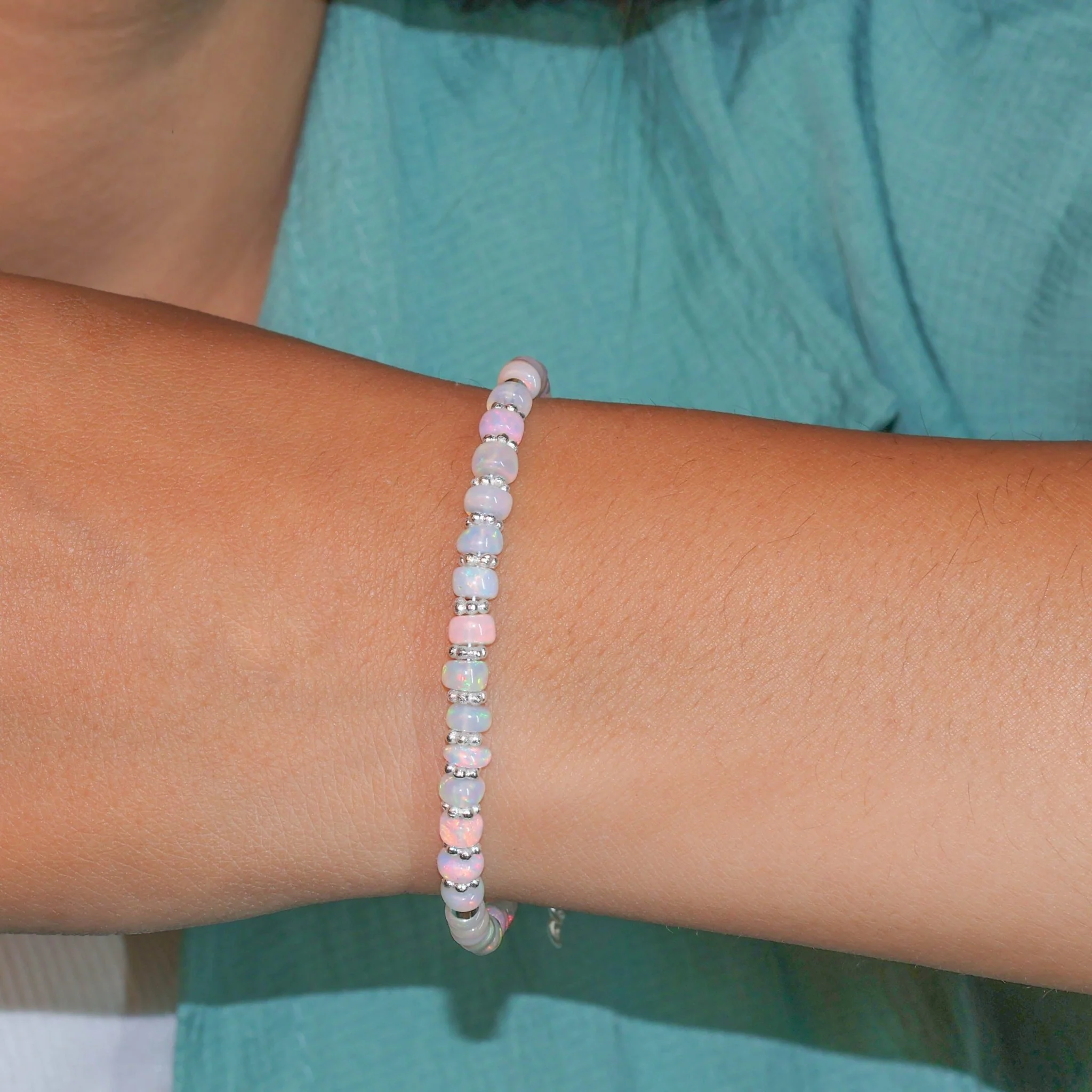 Natural Opal Beaded Bracelet With Circular Silver Chakri Beads - Image 4