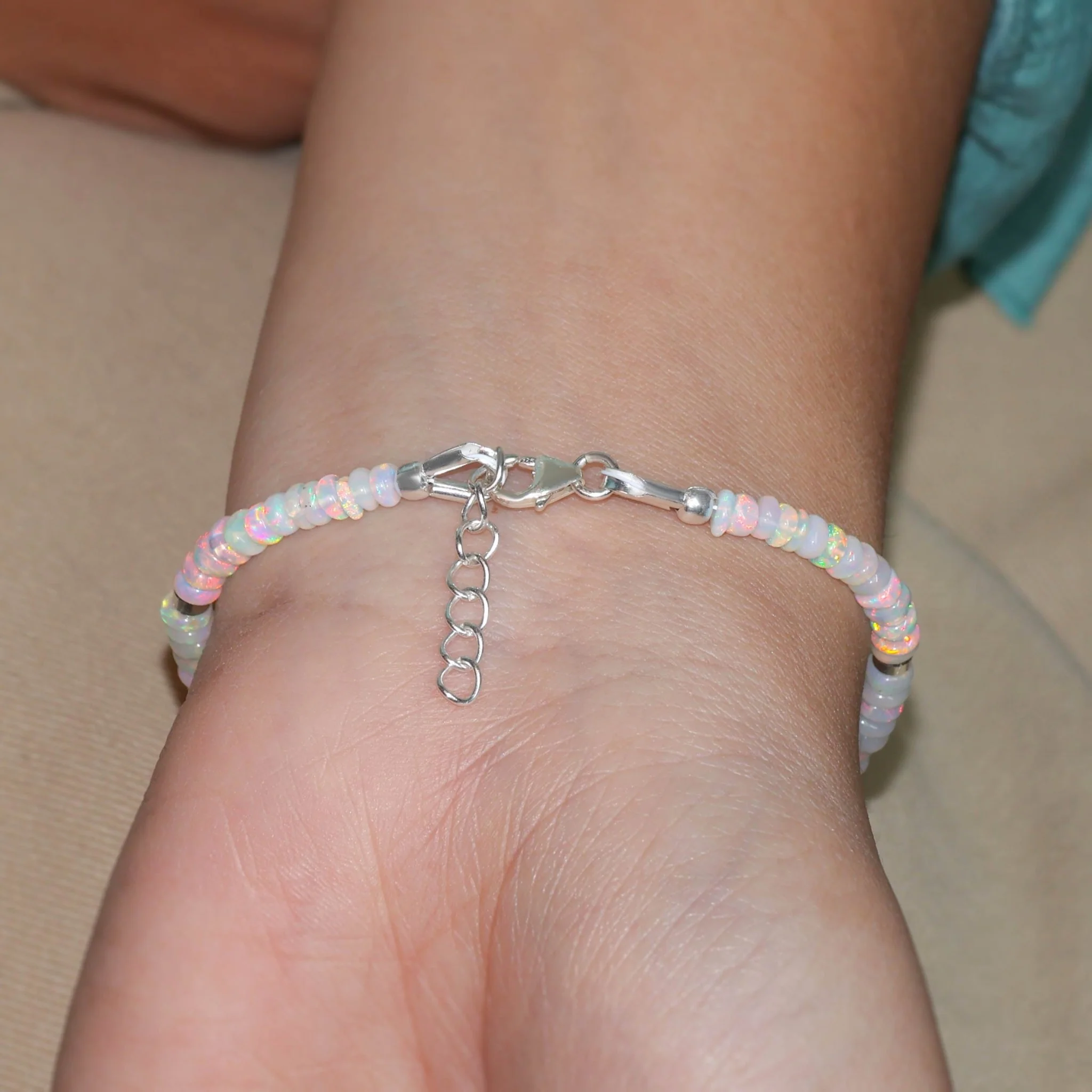 Natural Opal Beaded Bracelet With Circular Silver Chakri Beads - Image 5