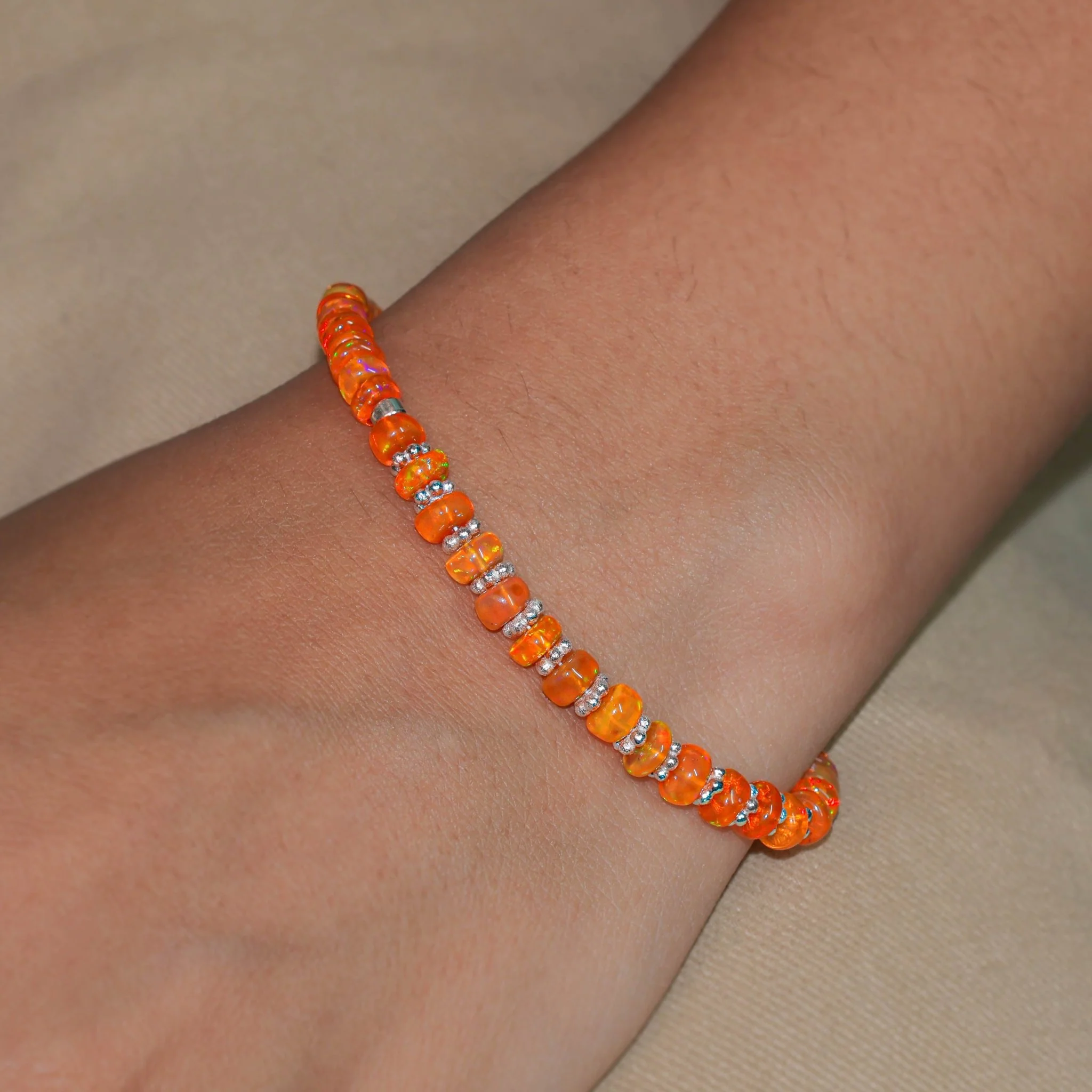 Natural Orange Opal Beaded Bracelet With Circular Silver Chakri Beads - Image 3