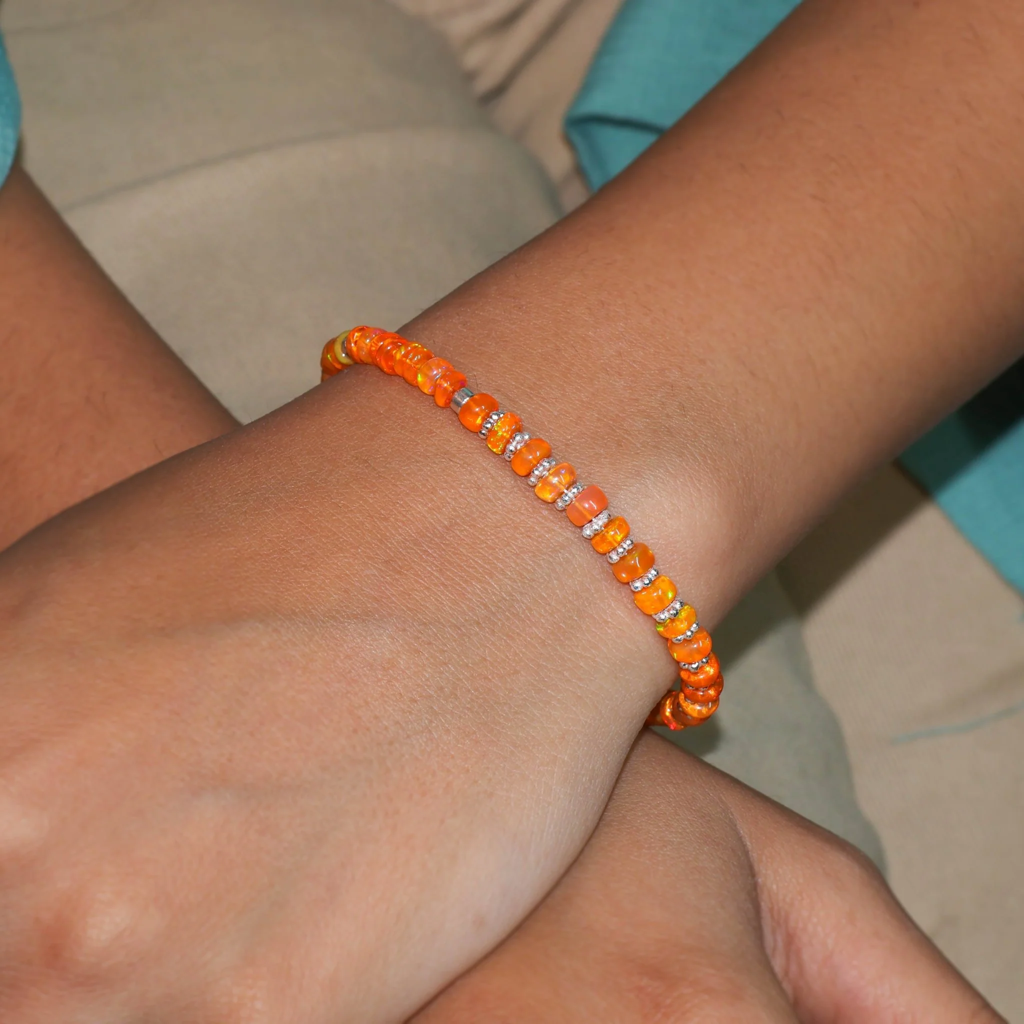 Natural Orange Opal Beaded Bracelet With Circular Silver Chakri Beads - Image 4