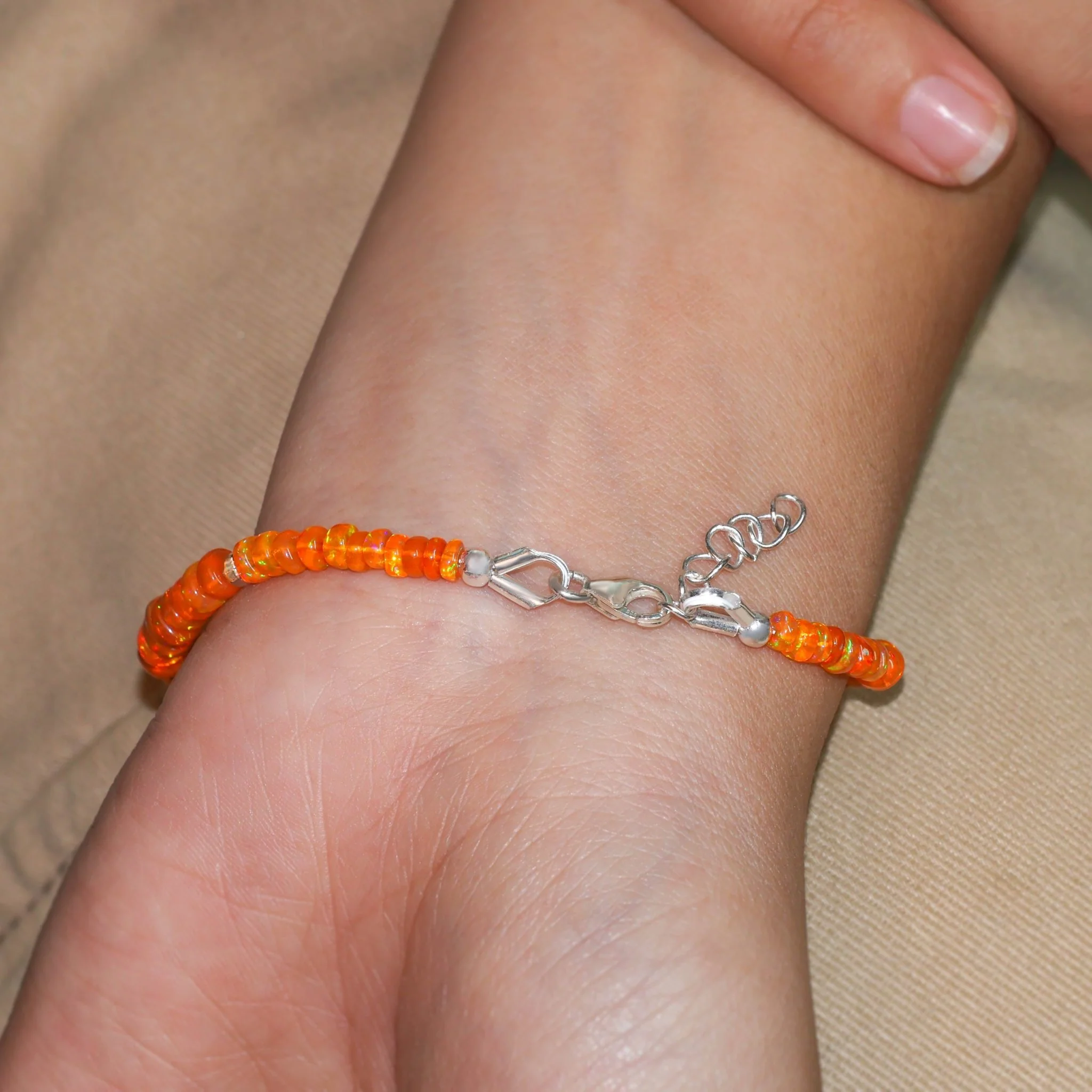 Natural Orange Opal Beaded Bracelet With Circular Silver Chakri Beads - Image 5