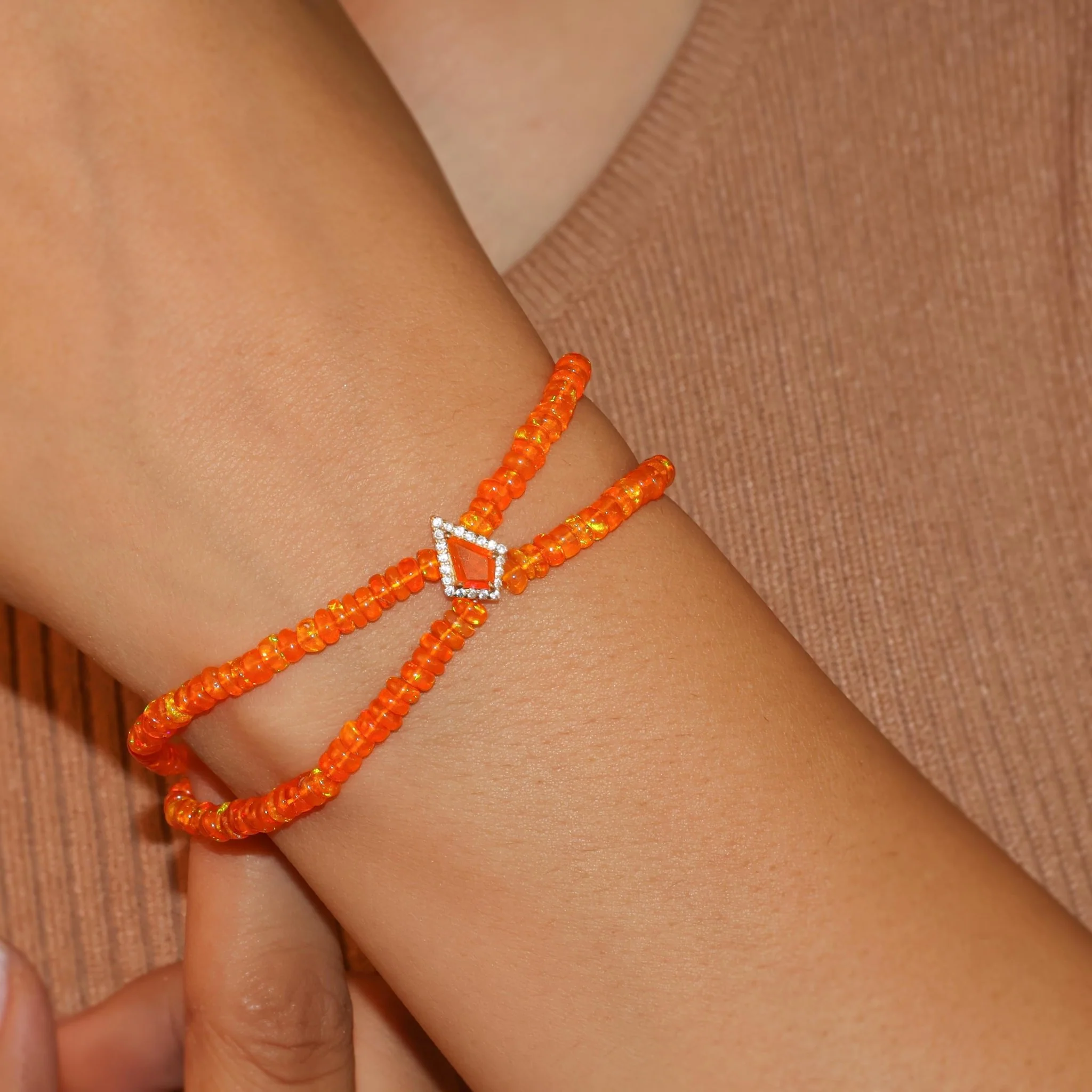 Natural Orange Opal Two-Strand Kite Charm Beaded Bracelet - Image 3
