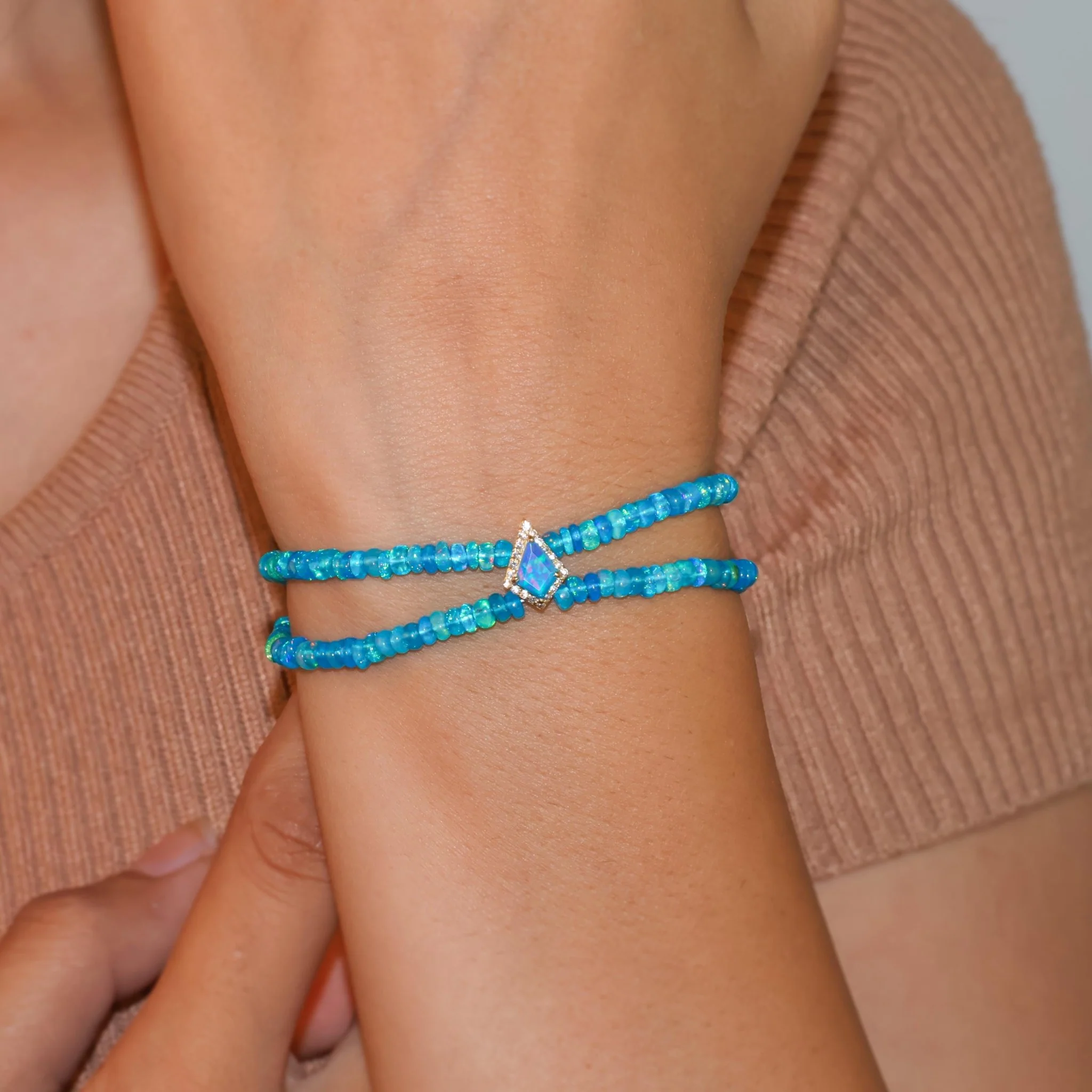 Natural Paraiba Opal Two-Strand Kite Charm Beaded Bracelet - Image 3