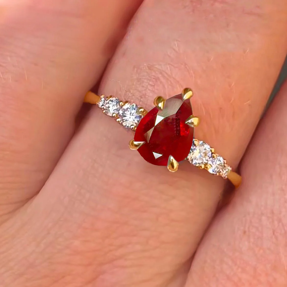 Natural Red Ruby Faceted Pear Ring - Image 3