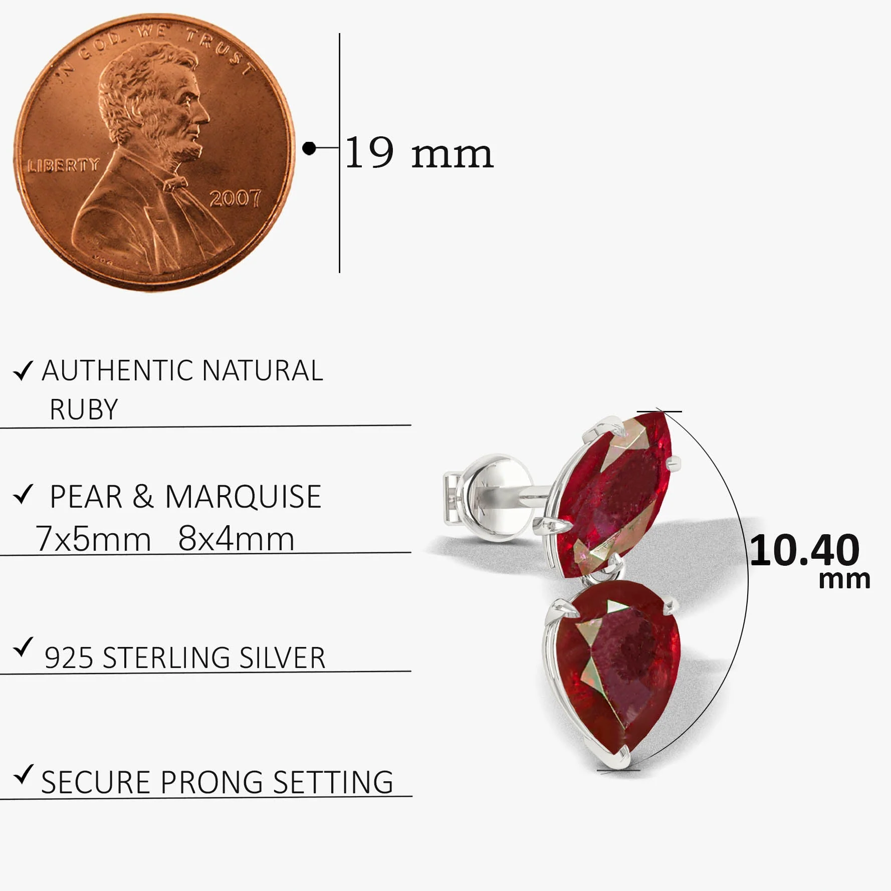 Natural Ruby Marquise & Pear Two Stone Stud Earrings - Image 5
