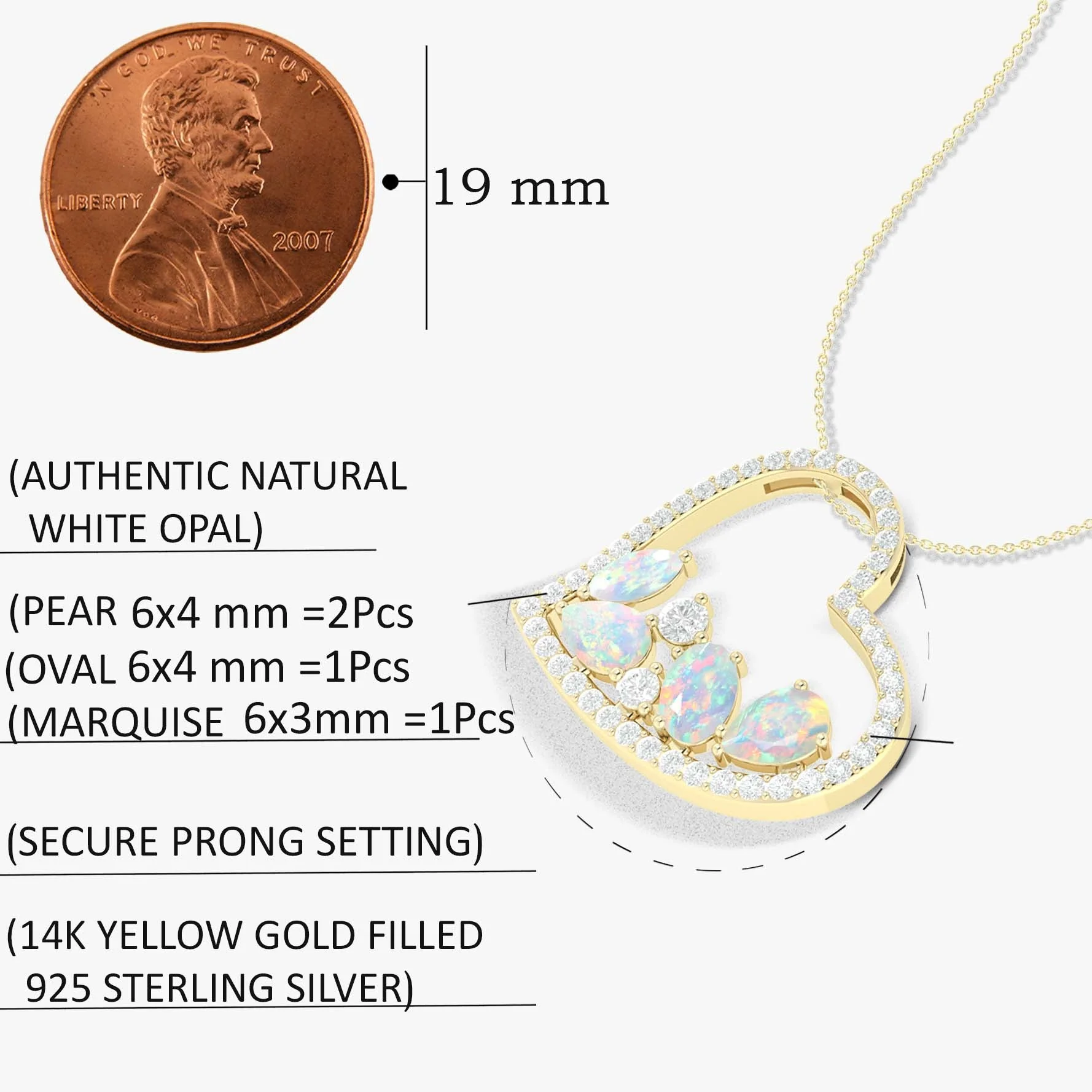 Natural White Opal 4 Stone Heart Chain Pendant Necklace - Image 5