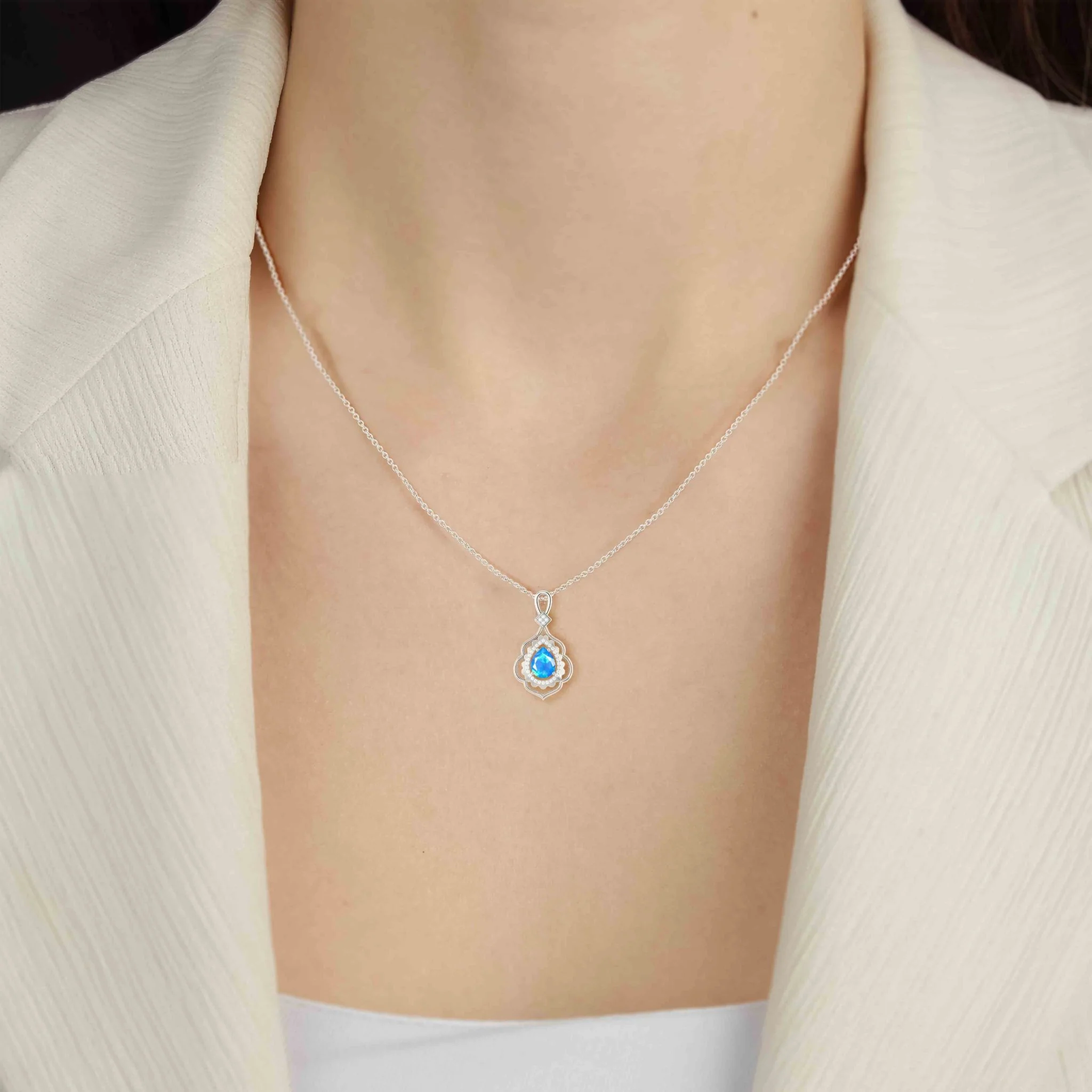 Pear Stone Natural Blue Opal Charm Halo Pendant Necklace - Image 3