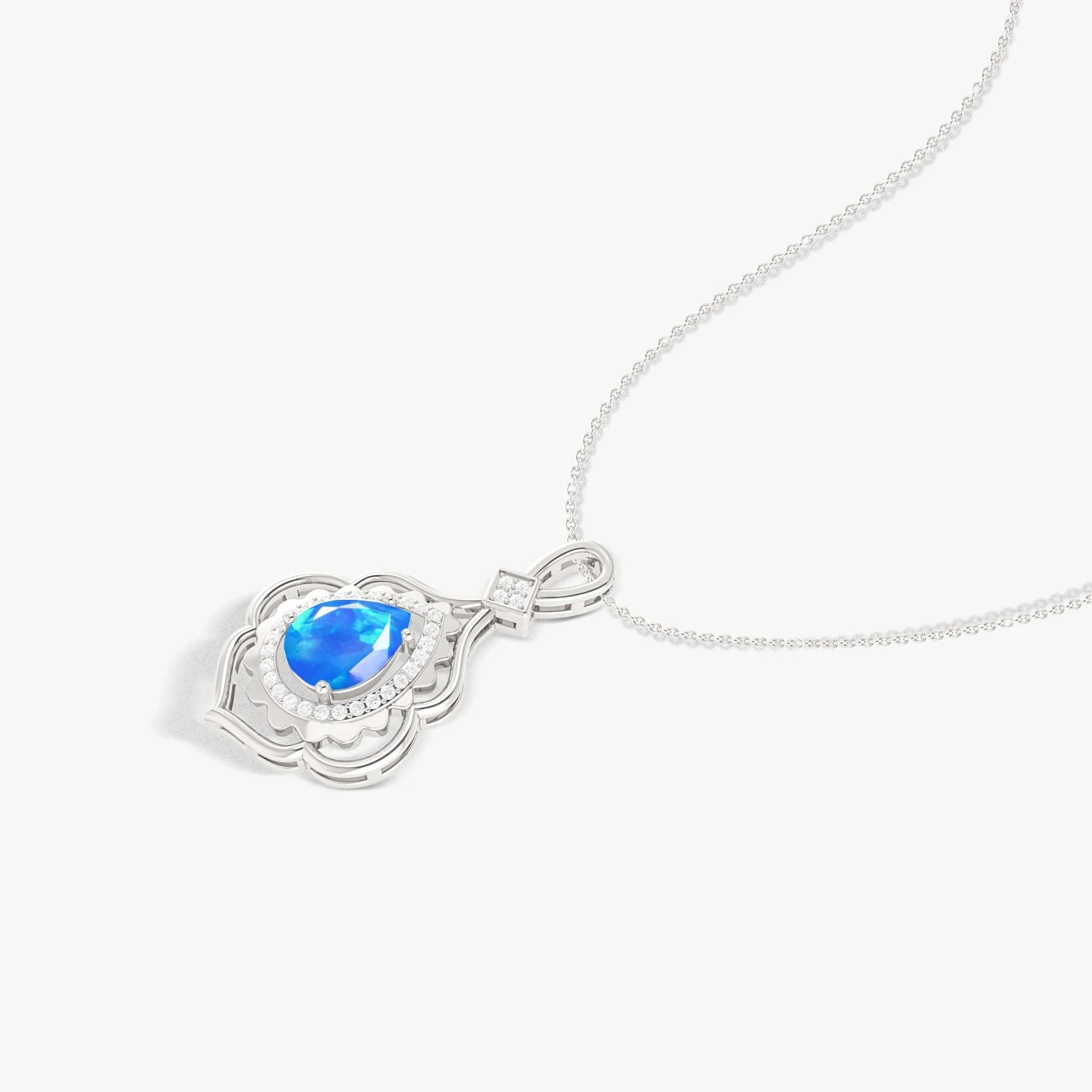 Pear Stone Natural Blue Opal Charm Halo Pendant Necklace - Image 4