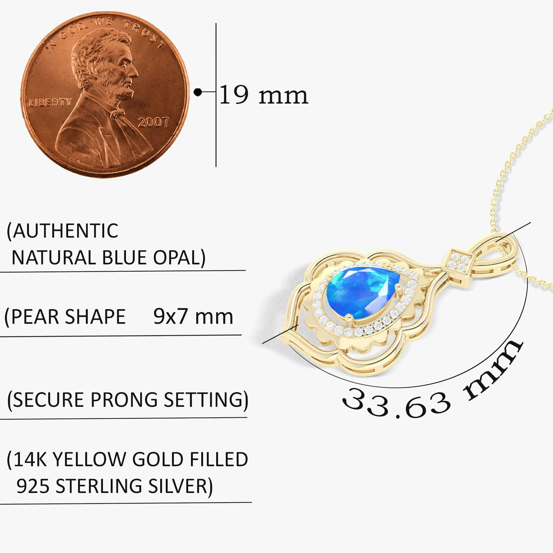Pear Stone Natural Blue Opal Charm Halo Pendant Necklace - Image 5