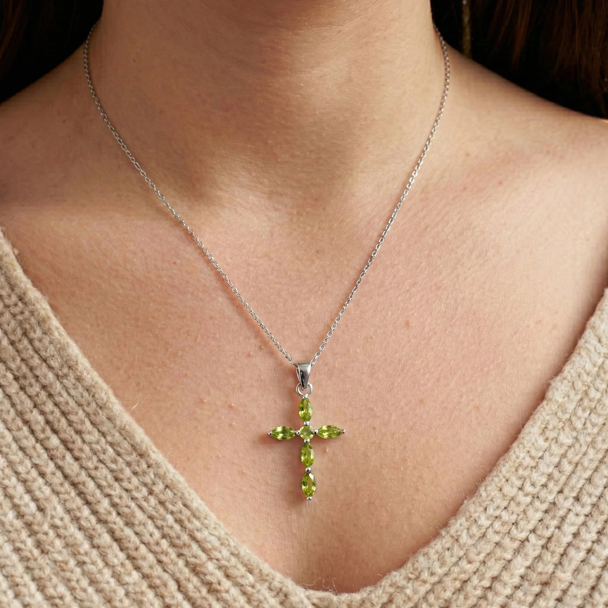 Peridot Marquise Cross Pendant Necklace in 925 Sterling Silver 2ct - Image 6