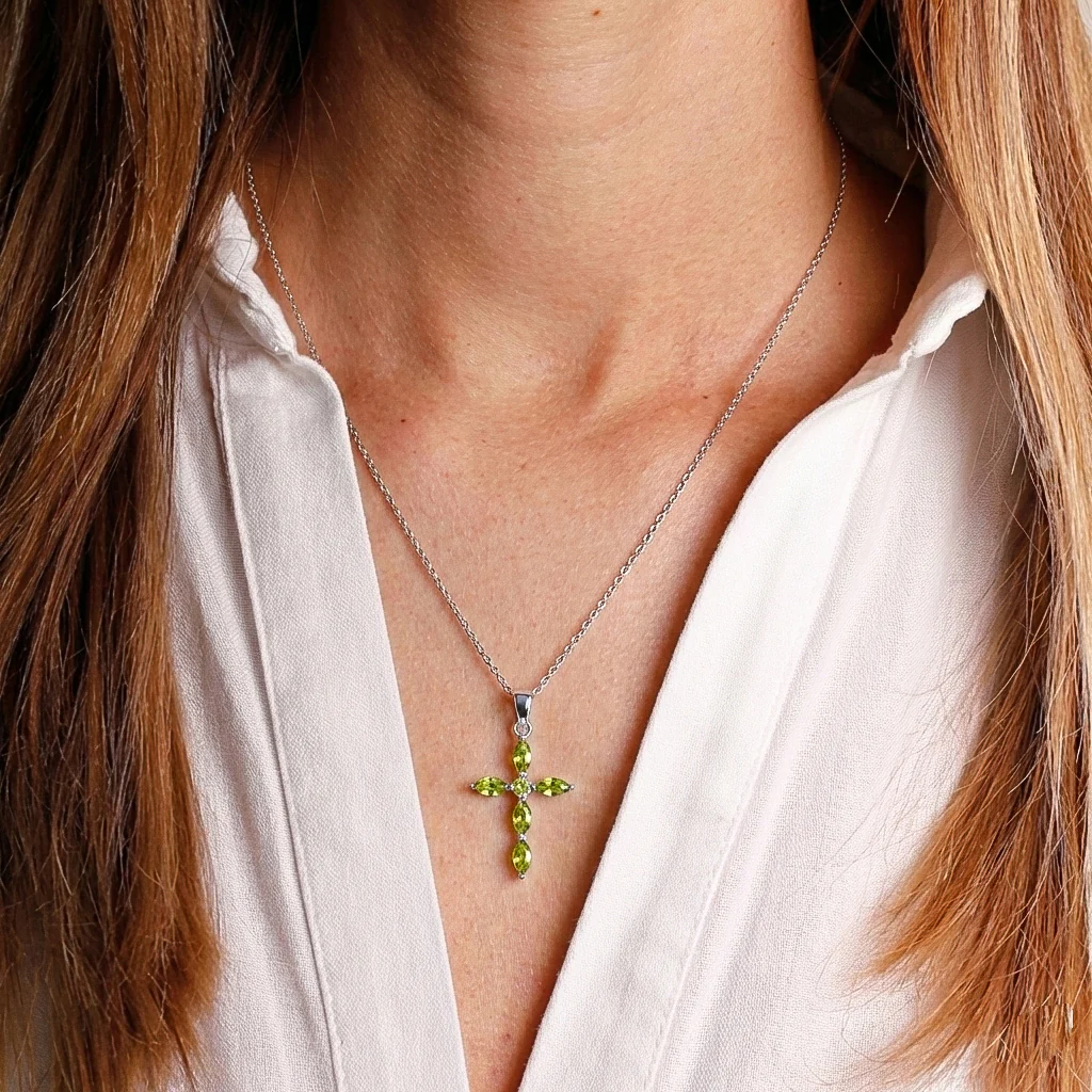 Peridot Marquise Cross Pendant Necklace in 925 Sterling Silver 2ct - Image 8