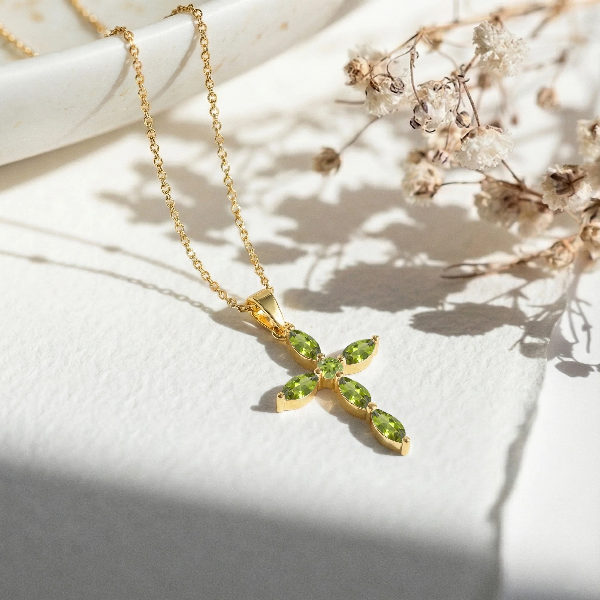 Peridot Marquise Cross Pendant Necklace in 925 Sterling Silver 2ct - Image 9