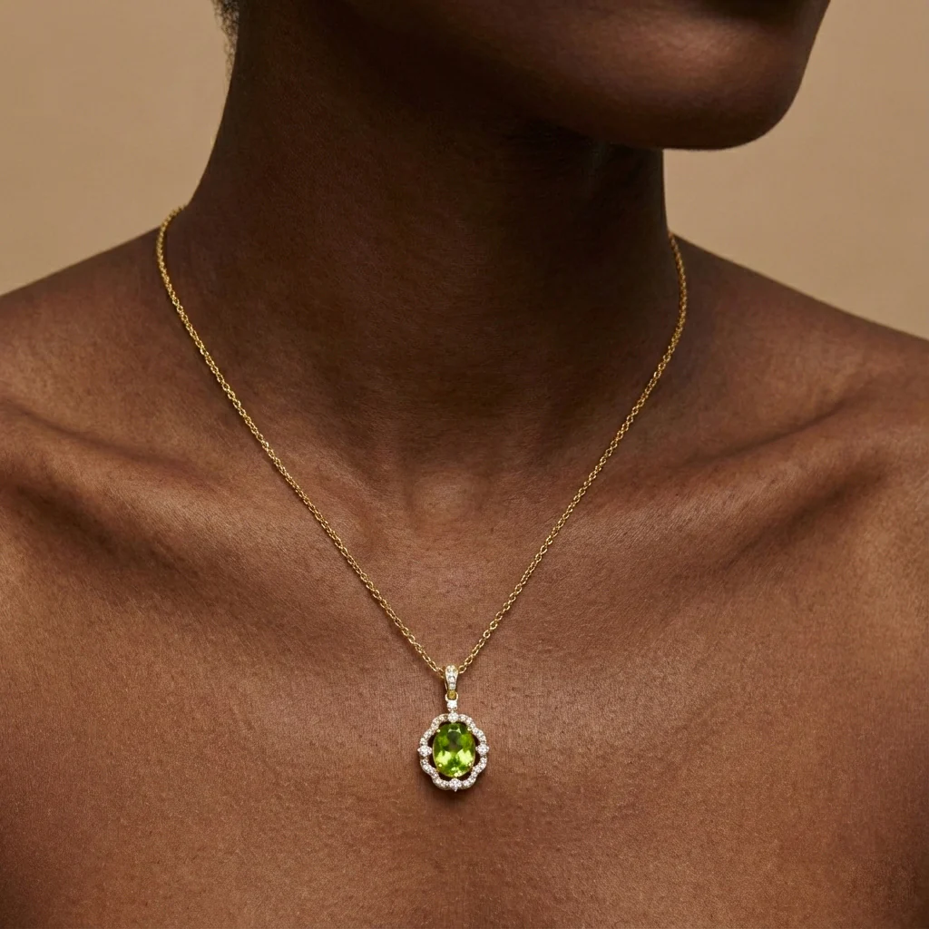 Peridot Oval Halo Pendant Necklace in 925 Sterling Silver 1.2ct - Image 10