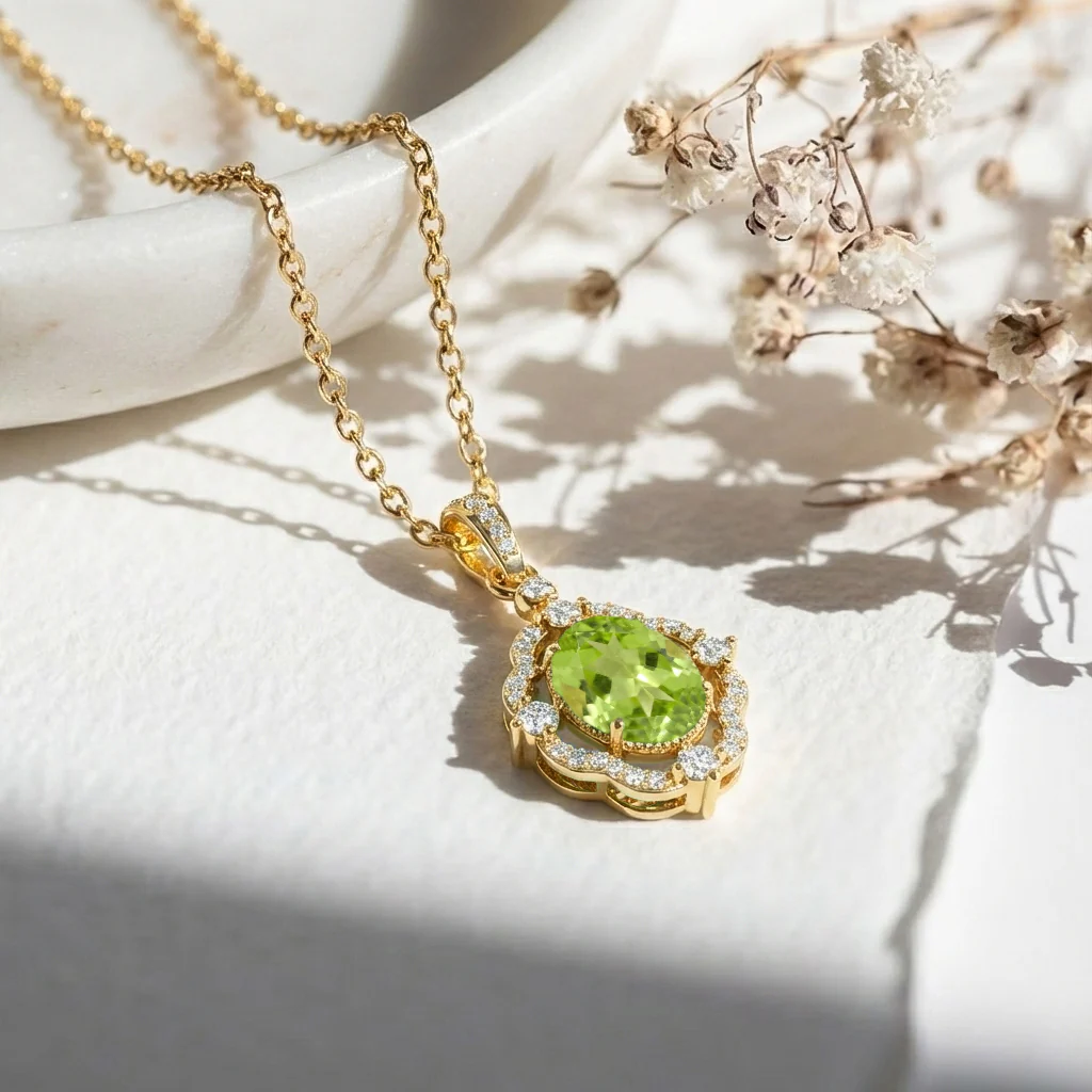 Peridot Oval Halo Pendant Necklace in 925 Sterling Silver 1.2ct - Image 12