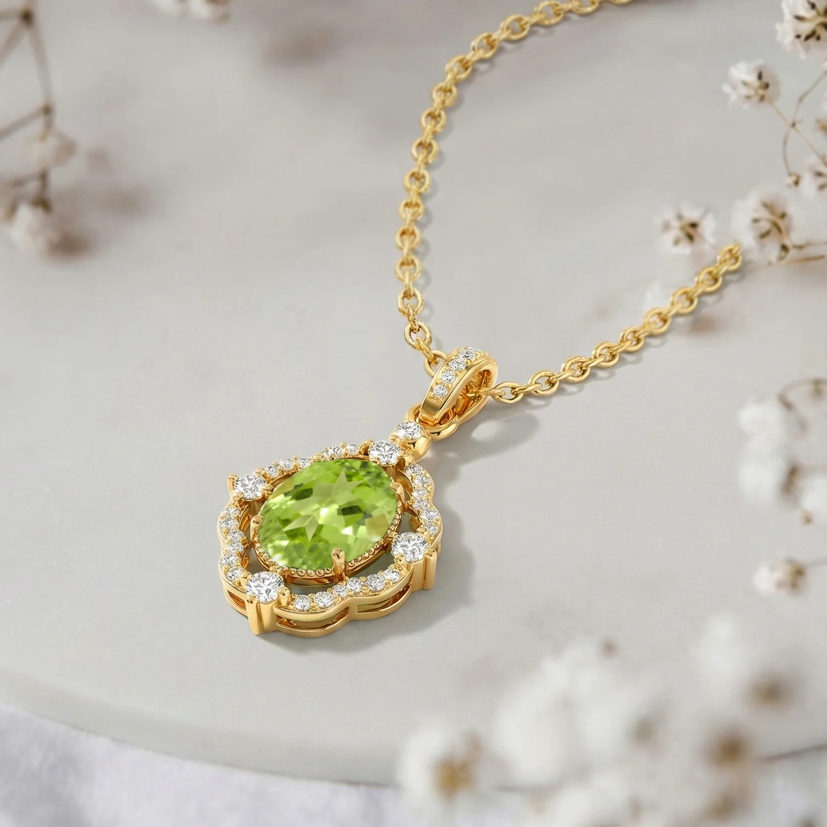 Peridot Oval Halo Pendant Necklace in 925 Sterling Silver 1.2ct - Image 13