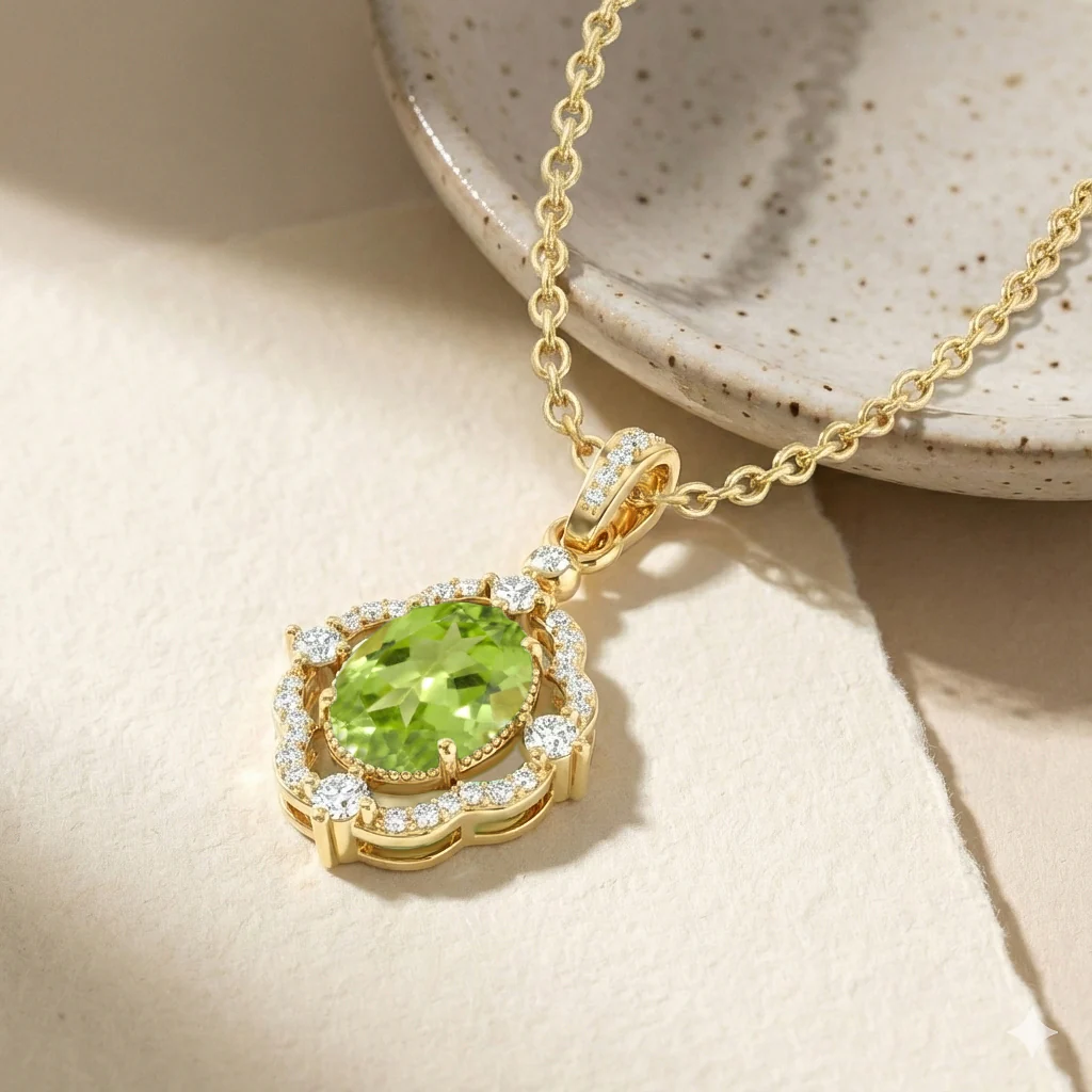 Peridot Oval Halo Pendant Necklace in 925 Sterling Silver 1.2ct - Image 14