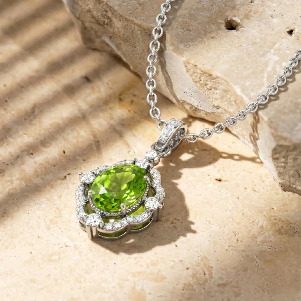 Peridot Oval Halo Pendant Necklace in 925 Sterling Silver 1.2ct - Image 6