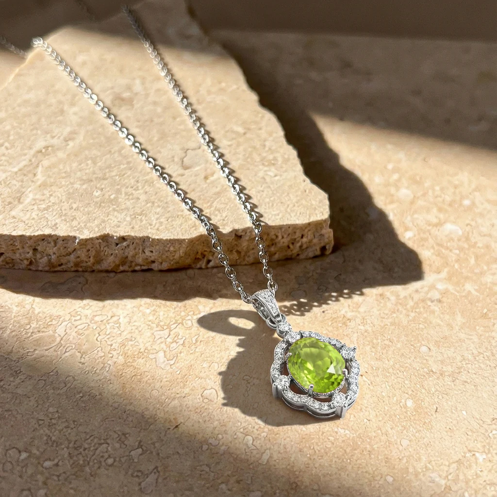 Peridot Oval Halo Pendant Necklace in 925 Sterling Silver 1.2ct - Image 7