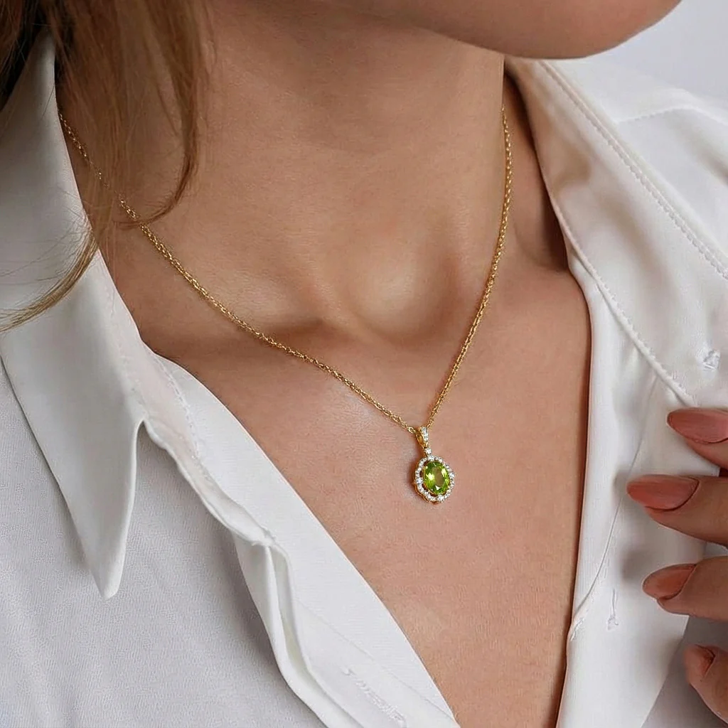 Peridot Oval Halo Pendant Necklace in 925 Sterling Silver 1.2ct - Image 9